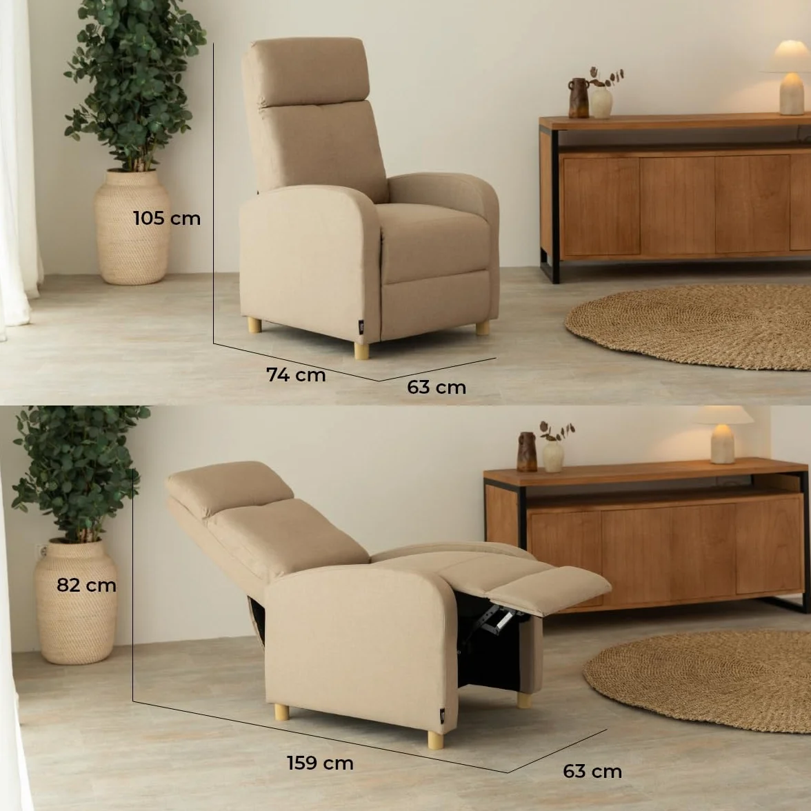 ZZ DON DESCANSO - Sillon Relax Reclinable Tela Verona (63x74x105cm). Sillón Reclinable Compacto con Reposapiés, Apertura Push, 2 Posiciones y Posición Cero, Butaca Reclinable hasta 160º (Arena)