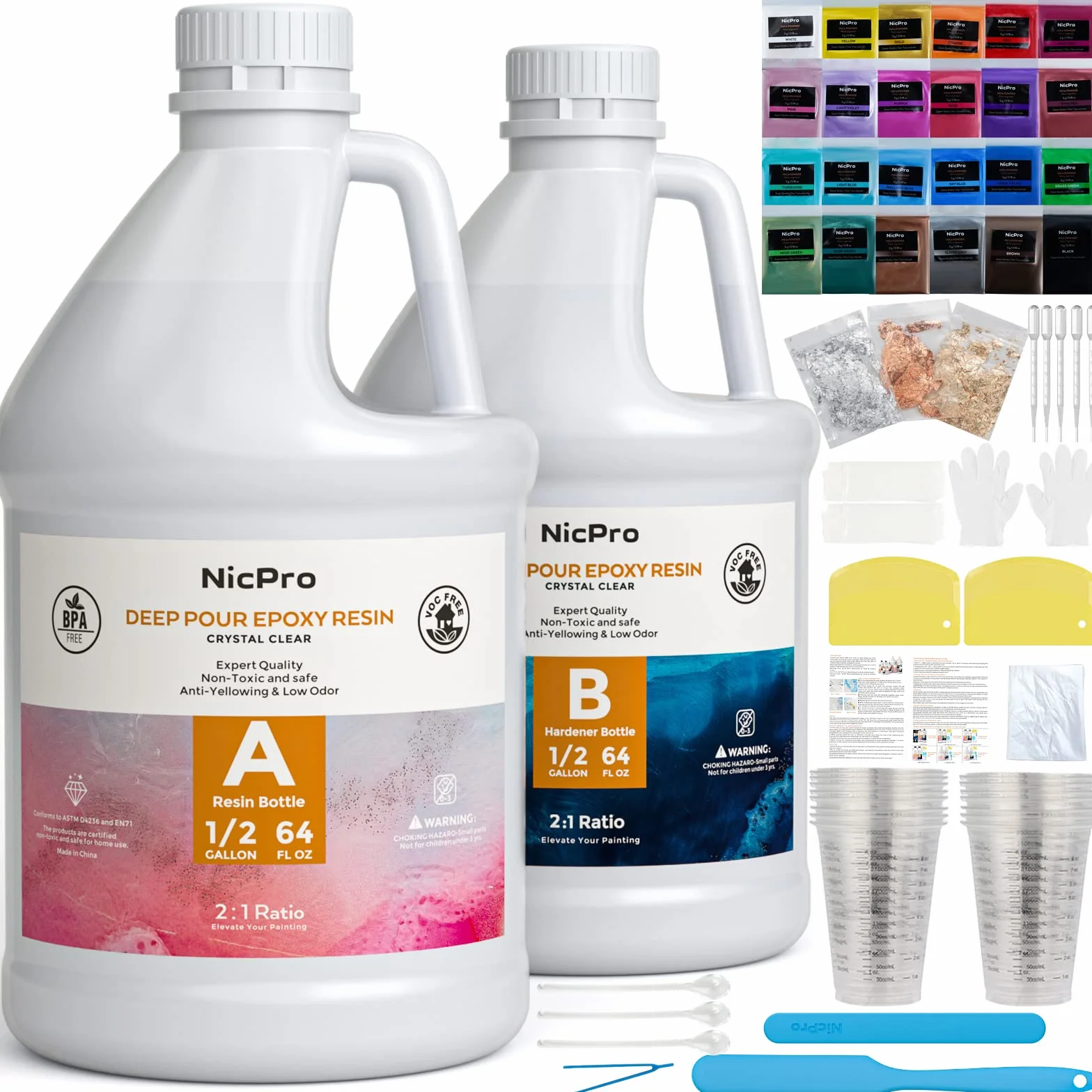 Nicpro Kit de resina epoxi transparente de 1 galón/4,54 L, suministros de resina de fundición y revestimiento para manualidades, fabricación de joyas, barra superior con 24 polvo de mica, copos de