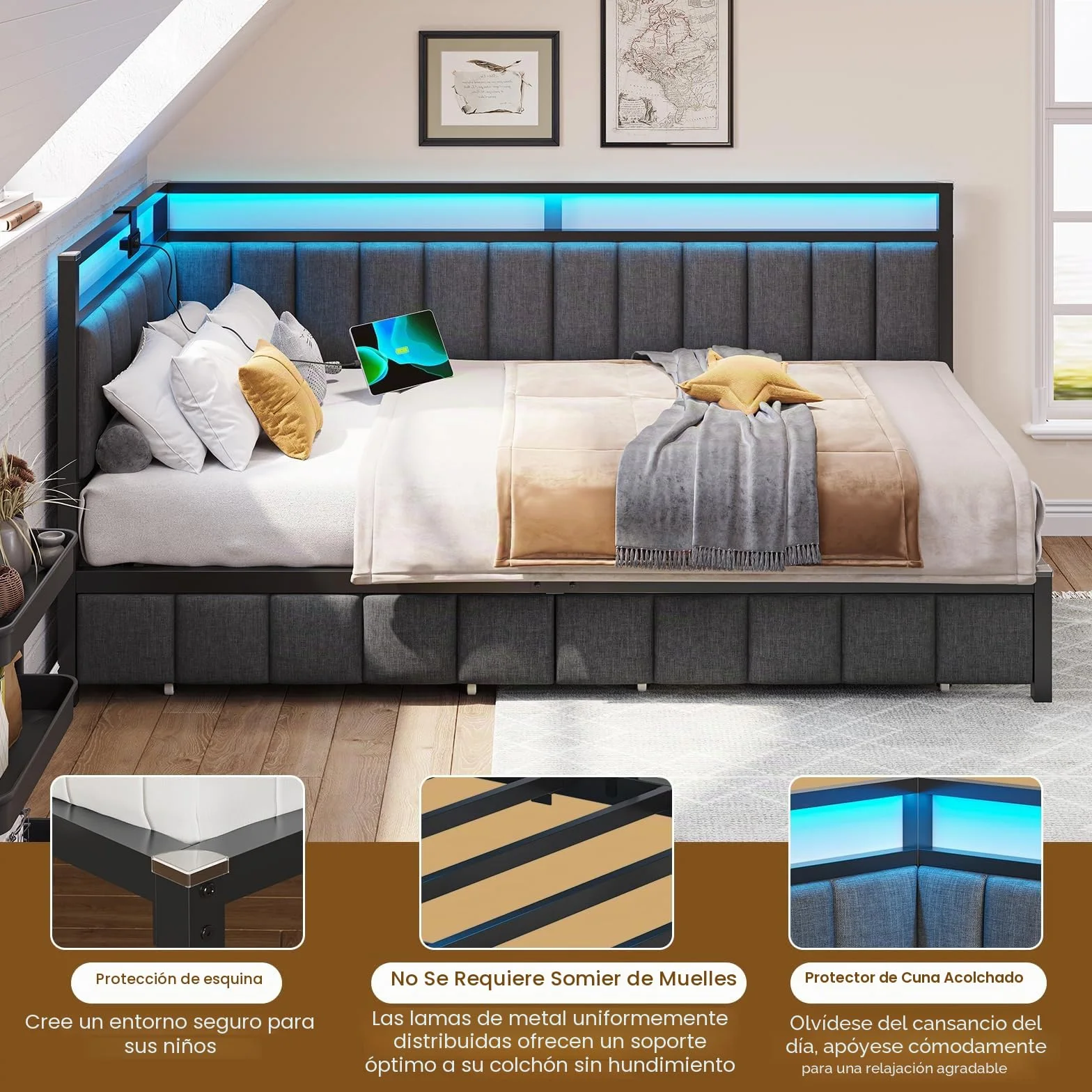 DICTAC Sofá Cama de 90 x 190 con iluminación LED y Toma USB, Estructura de Cama de 90x190 con somier de láminas de Metal, Cama banqueta con Cama Nido y cajones de Almacenamiento para niños, Gris