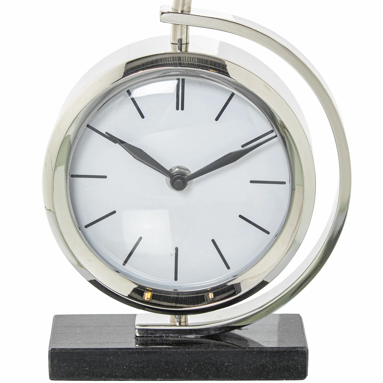 RELOJ 23363 SOBREMESA METAL PLATEADO BASE MÁRMOL NEGRO_20X5X16CM
