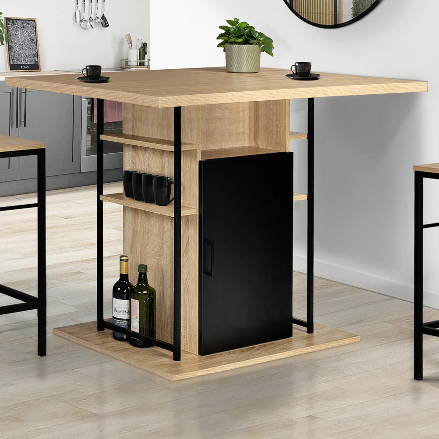IDMarket – Isla central UGO de 110 cm en madera negra y imitación de haya con contenedores de diseño industrial