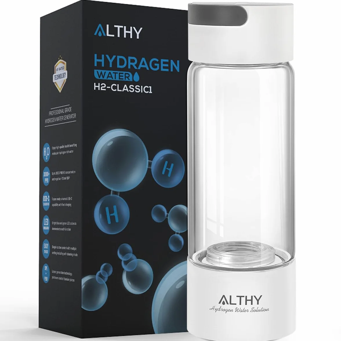 ALTHY Botella de agua Hidrogenada, Generador de agua de Hidrógeno, Ionizador de Tecnología SPE PEM con adaptador de Inhalador, Botella de Vidrio Portátil, Para Deporte,Oficina,Viajes y Bebida Diaria