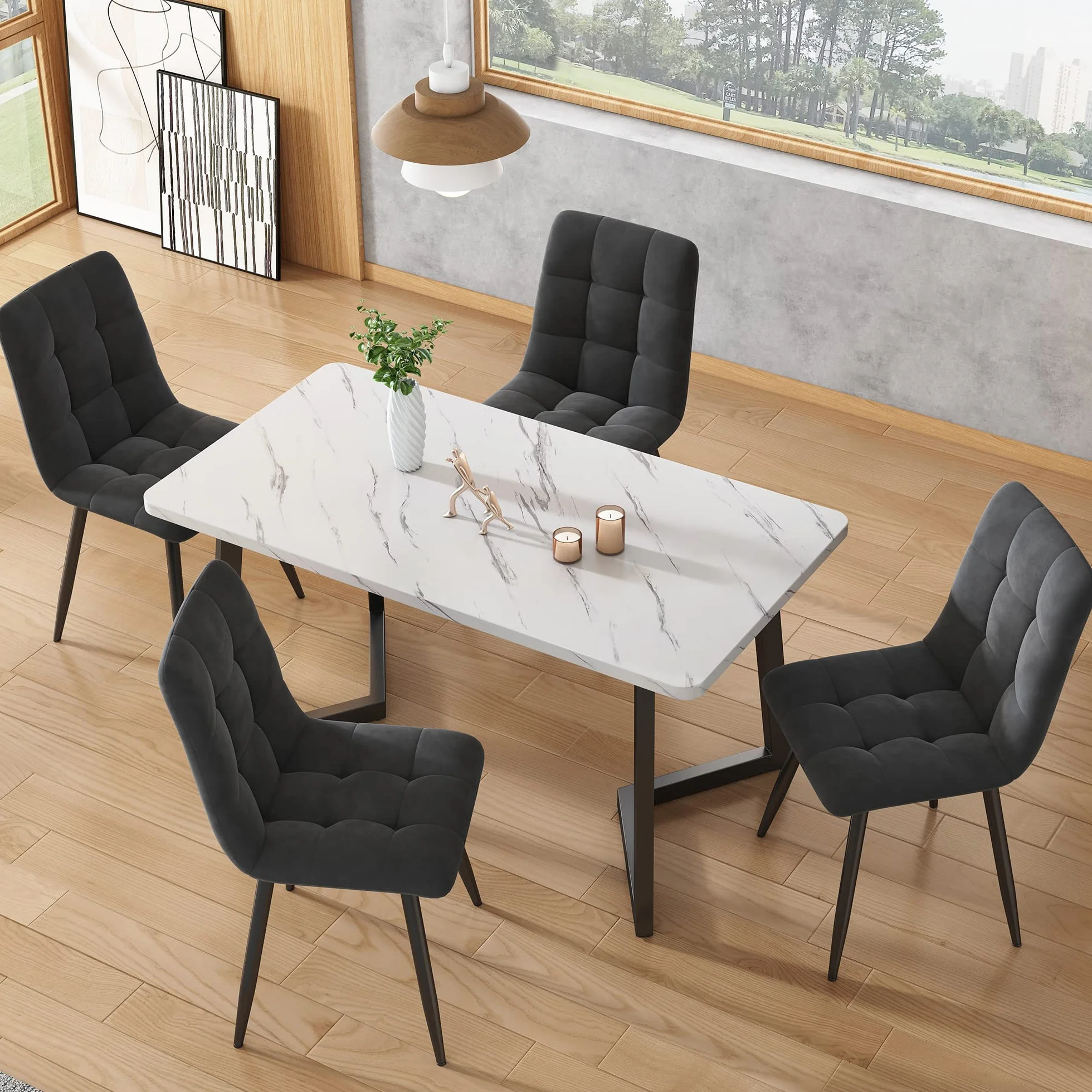 Juego de Comedor Mesa y 4 Sillas, Juego de Mesa y Sillas Comedor 5 Piezas, 117x68x75 cm Tabla de Cena Rectangular Moderna, Dining Table and Chair Set, Terciopelo Silla de Cocina (Gris)