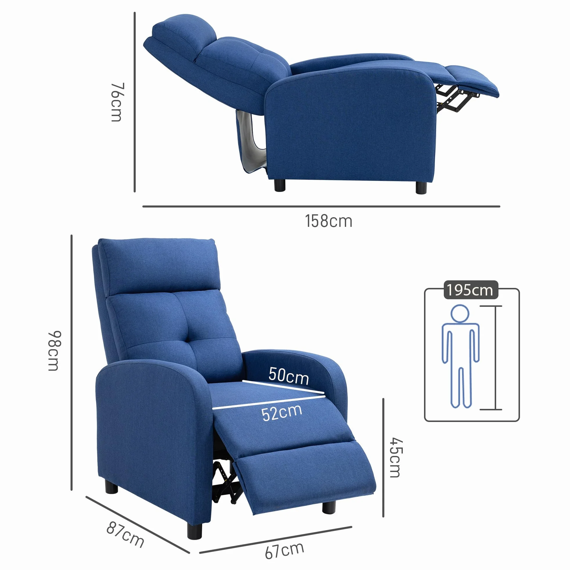 HOMCOM Sillón Relax Reclinable Manual, Sillón Relax de Lino con Apertura Push, Reposapiés, Respaldo Alto, Acolchado Grueso, Butaca Reclinable hasta 155º para Salón, Dormitorio, Oficina, Azul