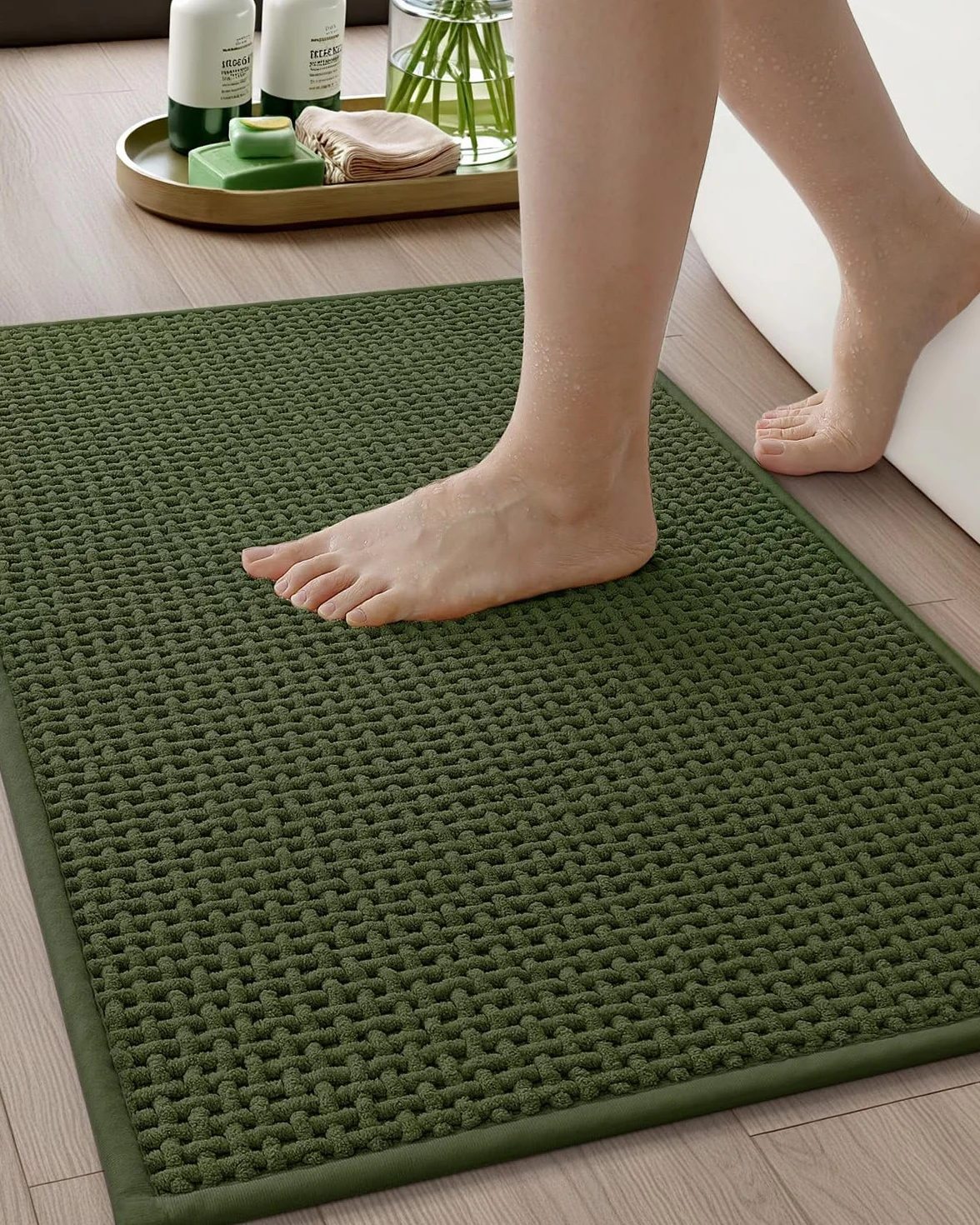 Alfombras de baño de pelo de chenilla de color y geometría mejoradas más apretadas, 43 x 75 cm, alfombrillas de baño verdes absorbentes antideslizantes para el baño, ajuste delgado debajo de la puerta