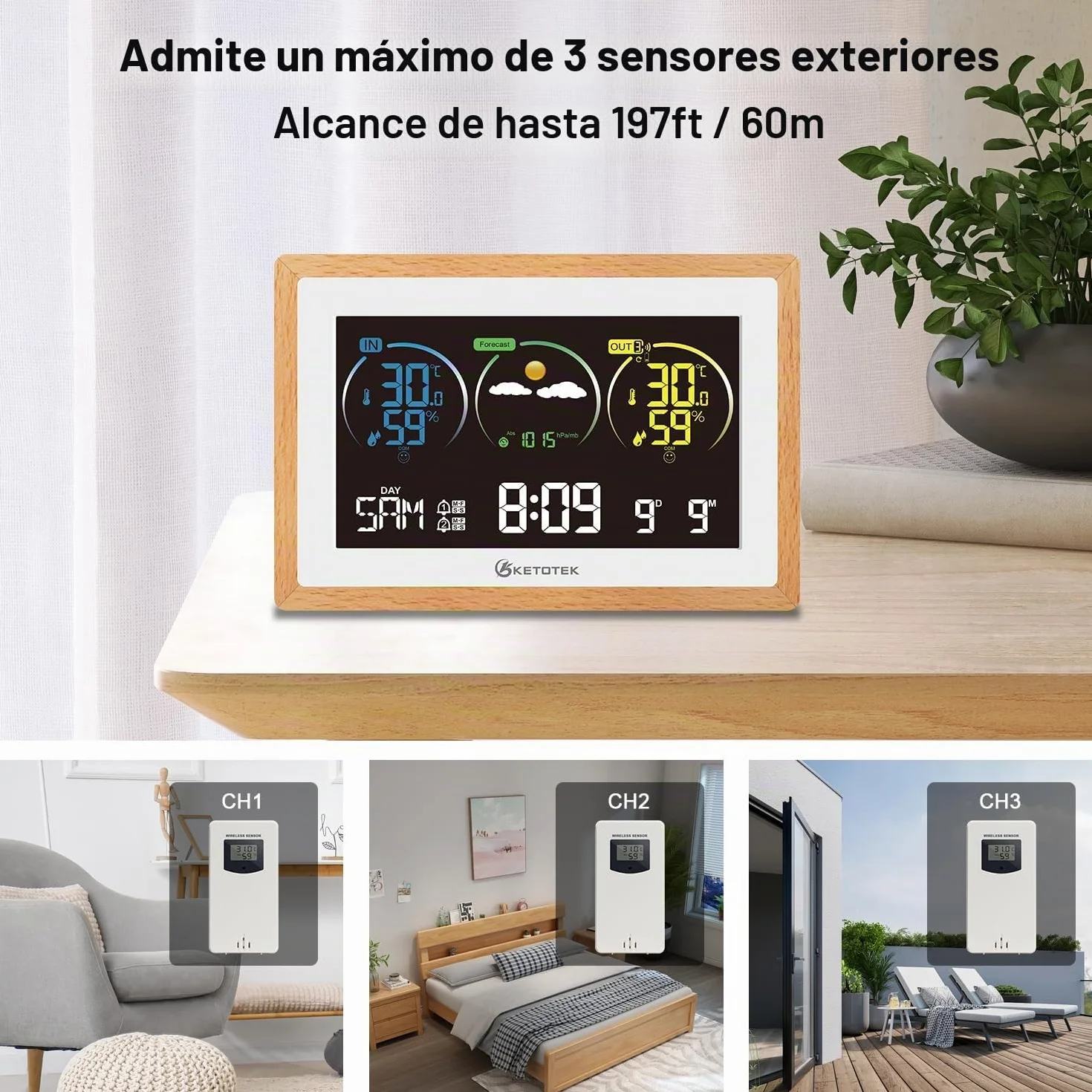 KETOTEK Estacion Meteorologica Interior Exterior, Higrómetro Termometro Barómetro Digital Casa, Estación Inalámbrica con Sensor Exterior, Retroiluminación Ajustable, Previsión Meteorológica, Alarma