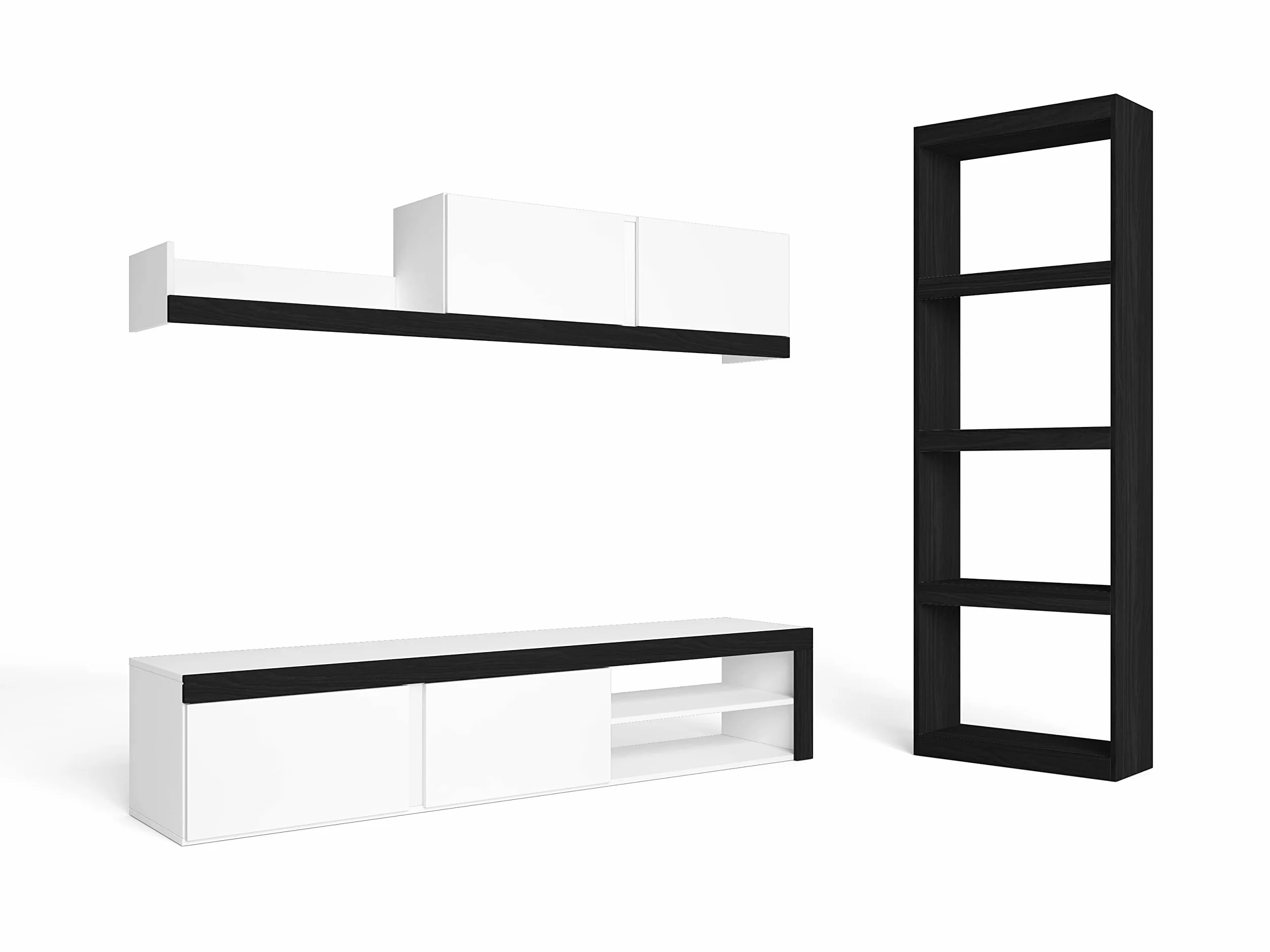 Skraut Home - Conjunto de Salón Modular IDEM y Estantería Totem- Mueble TV - Muebles de Salón Color Blanco/Negro - Biblioteca Color Negro - 200x40x180cm / 60x25x181cm