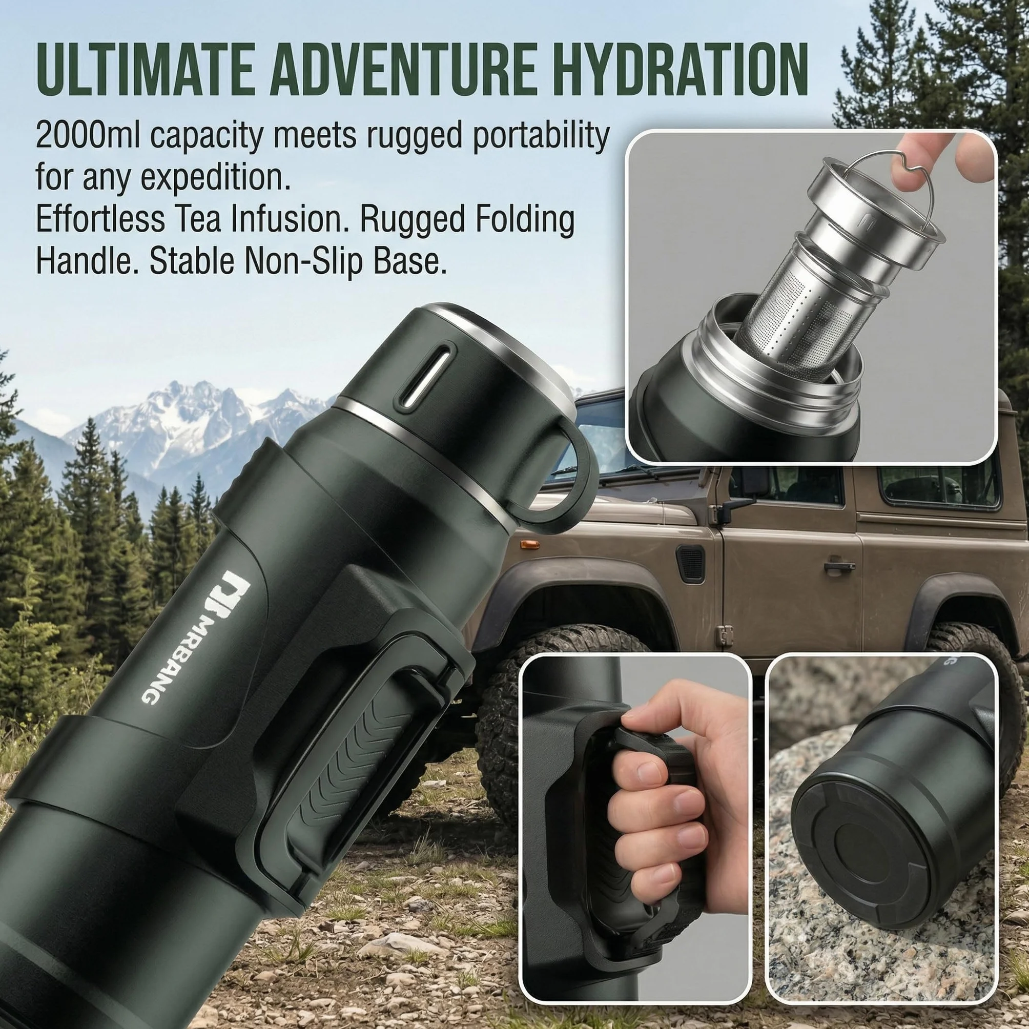 Termo de 2 litros, con vaso, de acero inoxidable, mantiene el calor durante 24 horas, para exteriores, viajes, camping, pesca, verde