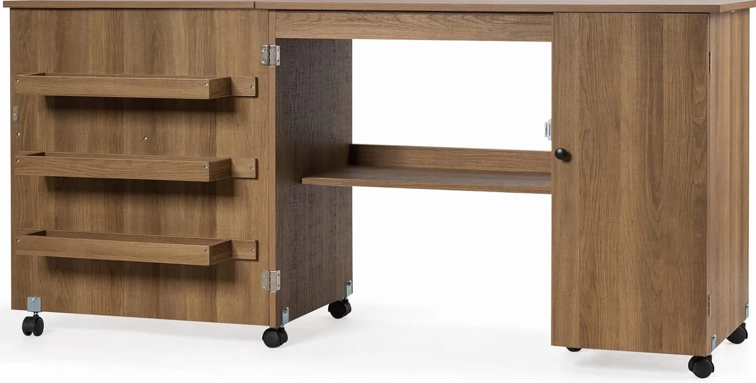 GOPLUS Mesa de Costura Plegable con 6 Ruedas Universales (2 Bloqueables), 3 Estantes y 1 Balda, 3 en 1 Armario de Costura, Mueble para Máquina de Coser para Dormitorio Salón Estudio (Natural)