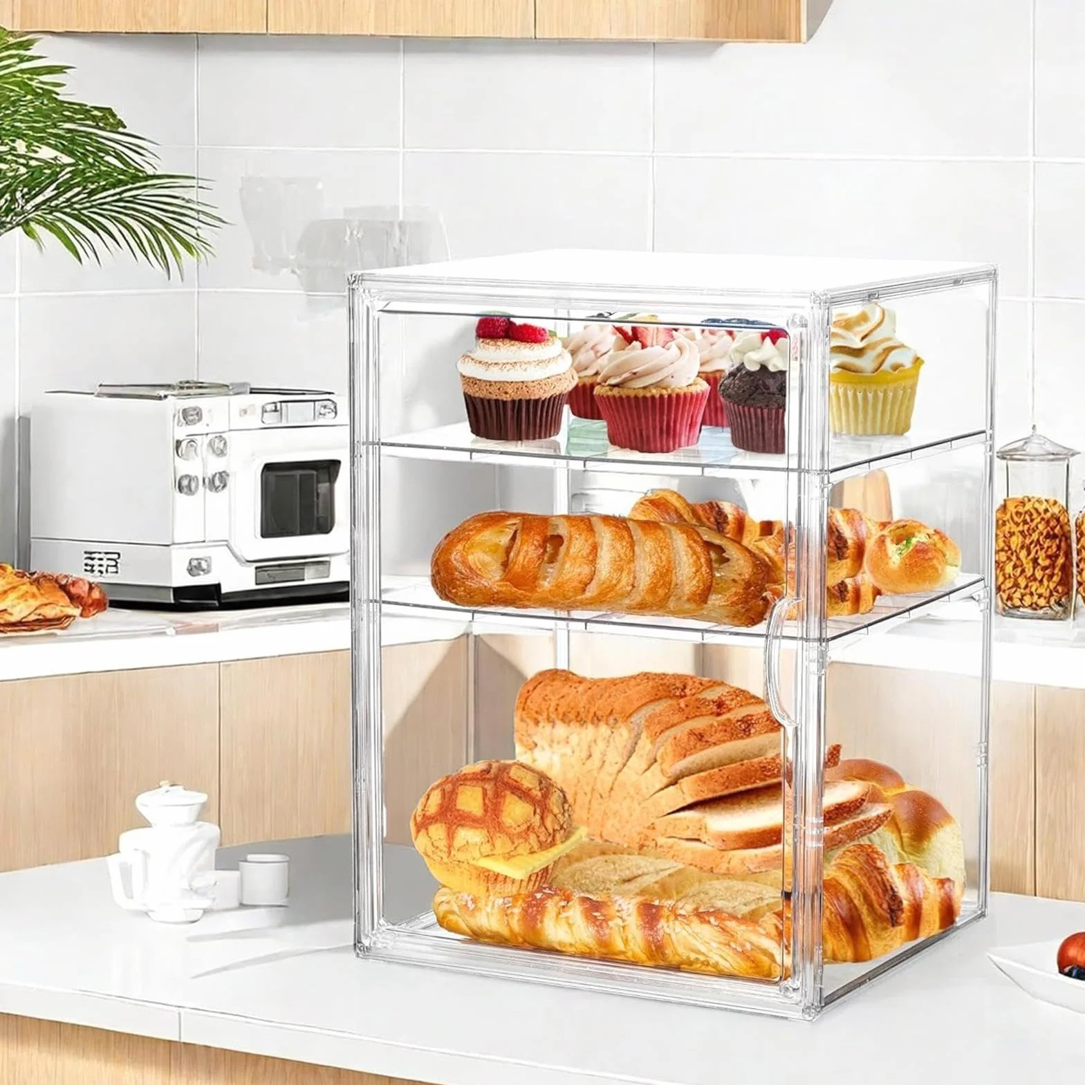Expositor De Panadería Expositor Ajustable De Acrílico Transparente | Grande para encimera, esquina, despensa, sándwich, tostada, hogaza, masa, bollo, mantequilla,