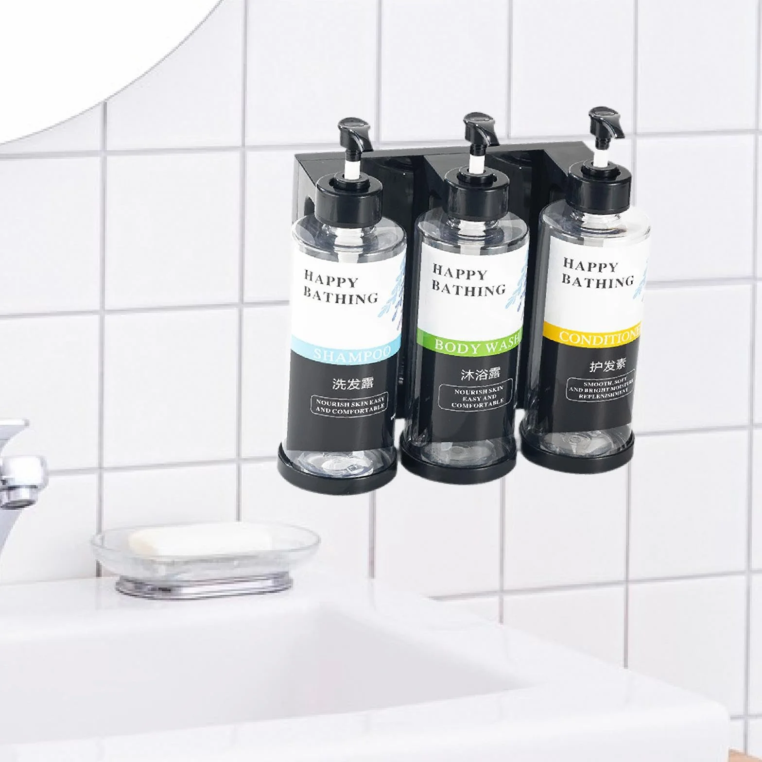 Dispensador de Jabón Líquido para Ducha con Botella Recargable Bomba Loción y Recipiente Apariencia Elegante Adecuado para Baño Hogar Oficina Cocina, 3 Ranuras claras, Individual