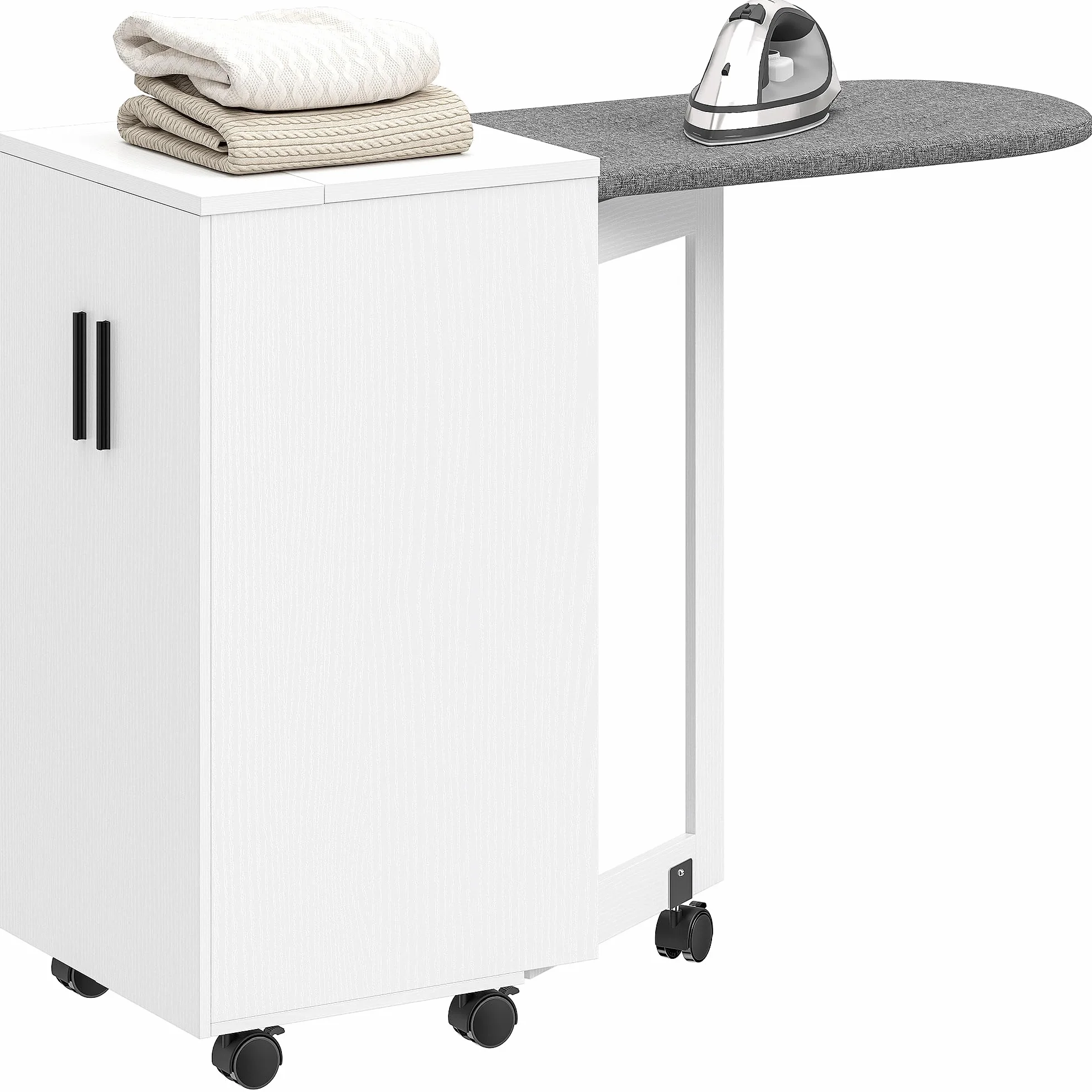 HOMCOM Mueble Planchador 2 en 1, Tabla Planchadora Plegable con Ruedas con Estantería Ajustable y Bisagras de Cierre Suave, Mueble de Almacenaje para Espacios Pequeños, Lavandería, 128 x 43 x 83 cm