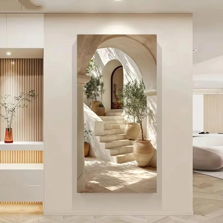 Lienzo con diseño de olivo mediterráneo de gran tamaño y escalones, moderno paisaje isleño en beige y blanco, póster artístico para pared para decoración del hogar 100x200cm/39x79in Sin marco