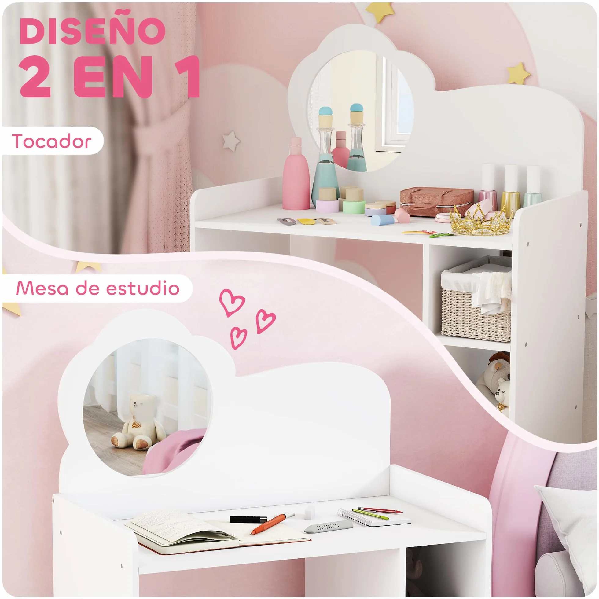 AIYAPLAY Tocador de Maquillaje Niña 2 en 1 Escritorio con Taburete Espejo Flor Estantes Abiertos Blanco