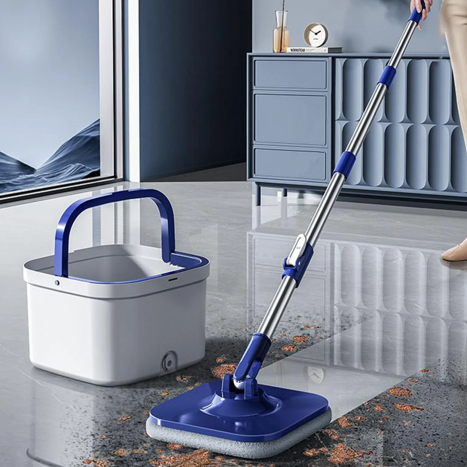 Juego De Fregona Giratoria Y Cubo Secado Y Mojado 360 Grados Giratorio | Fregonas y para Limpieza de Suelos Para Suelos de Madera Cocina Sala de Estar Comedor Apartamento Sótano