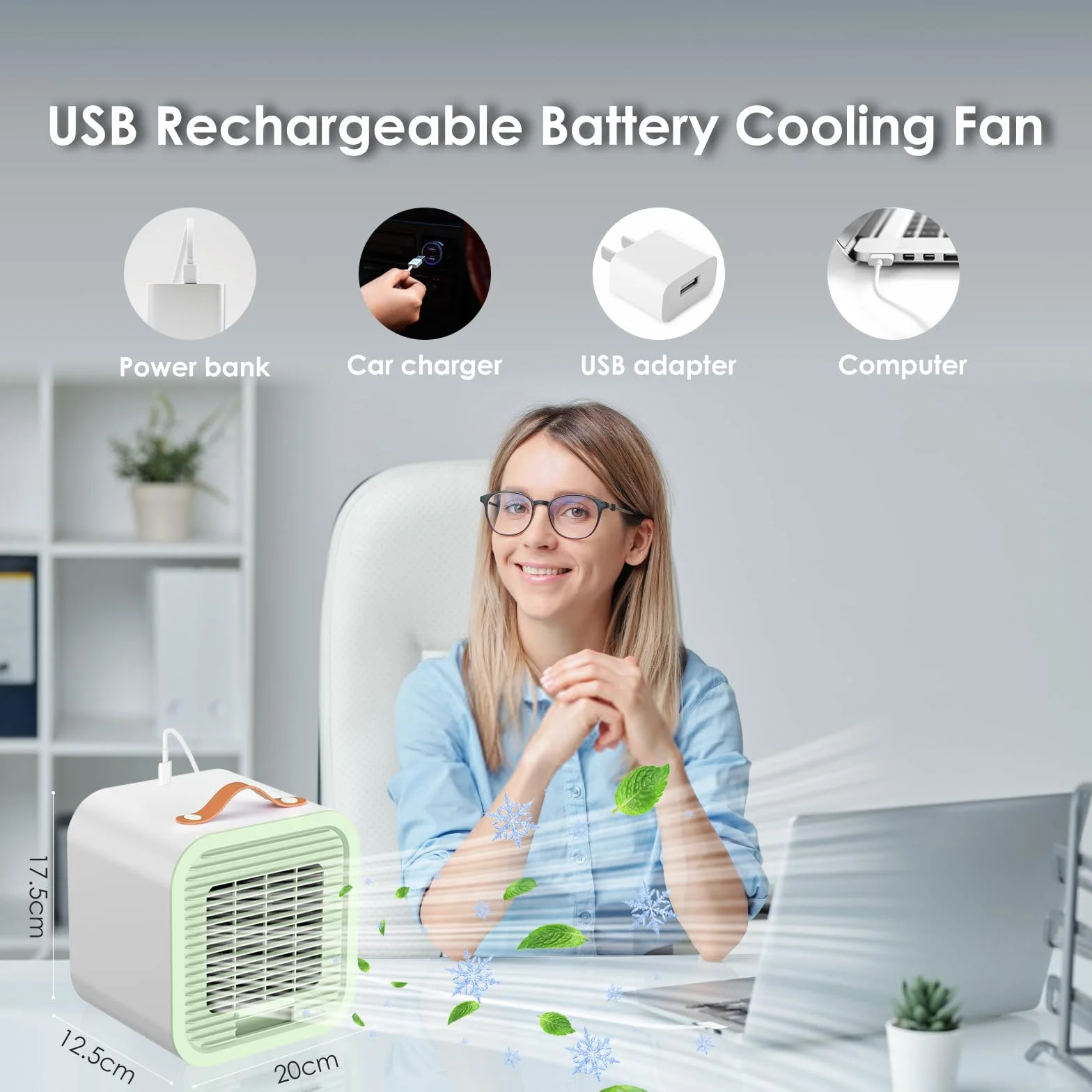 Mini Enfriador de Aire Portátil USB Ventilador 3 Velocidades Silencioso Recargable