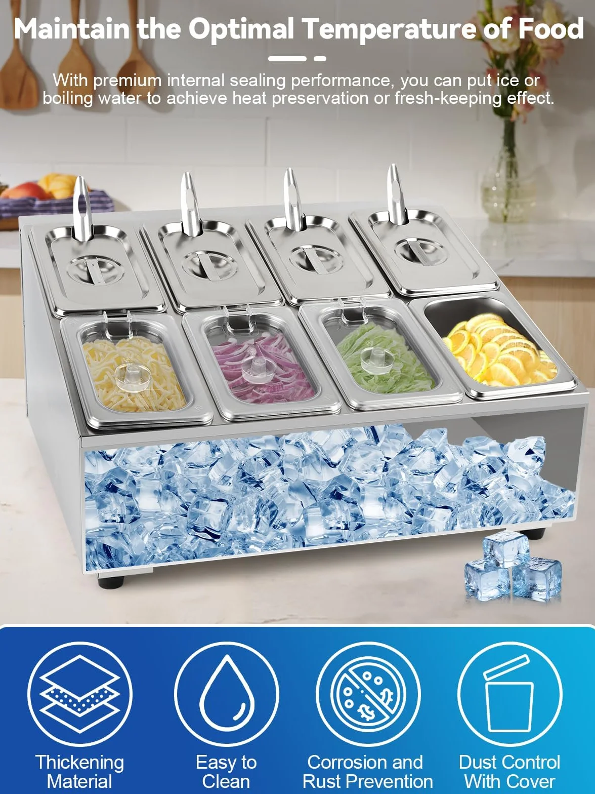 TOROKOM Recipiente para pizza, de acero inoxidable, con tapa, cucharas, soporte inclinado para bufé, salsas, mermeladas, frutas, ingredientes de cocina (2 filas y 8 bandejas)