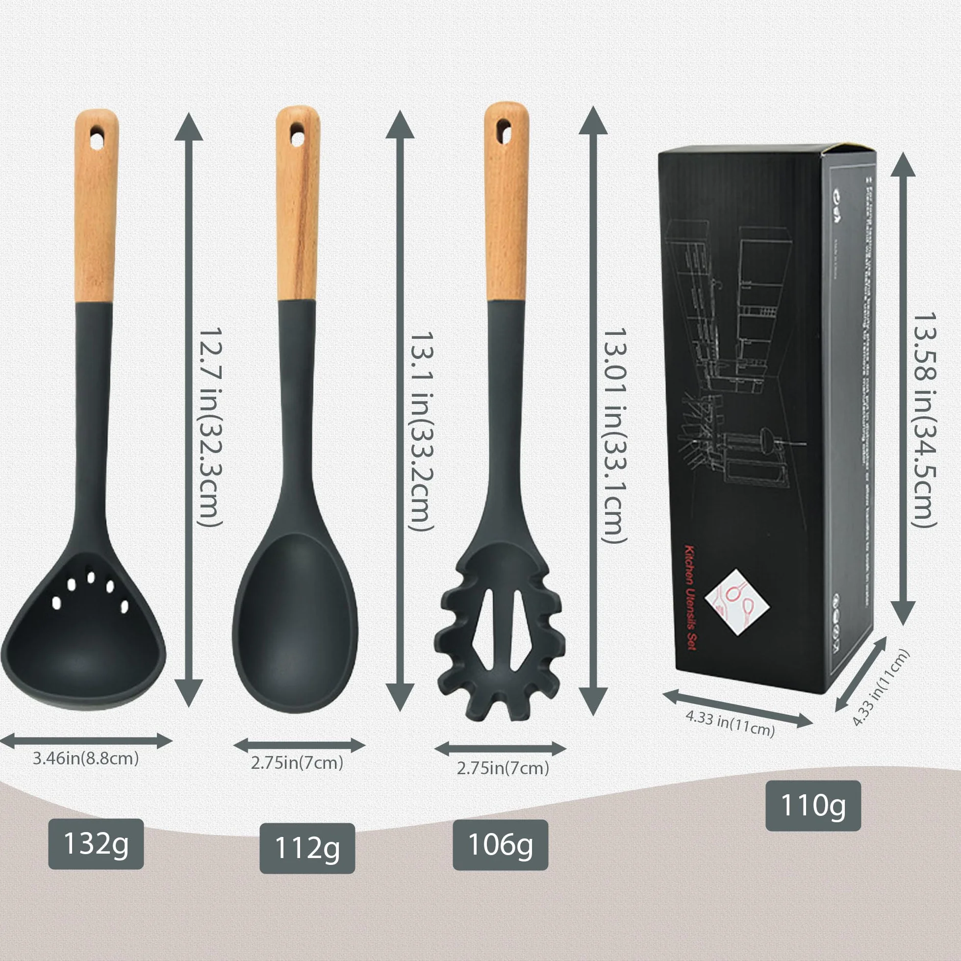 Juego de 7 utensilios de cocina con mango de madera, cabeza de silicona antiarañazos + nailon resistente al calor (cuchara ranurada, cuchara sólida, colador para pasta, espátula) para utensilios de