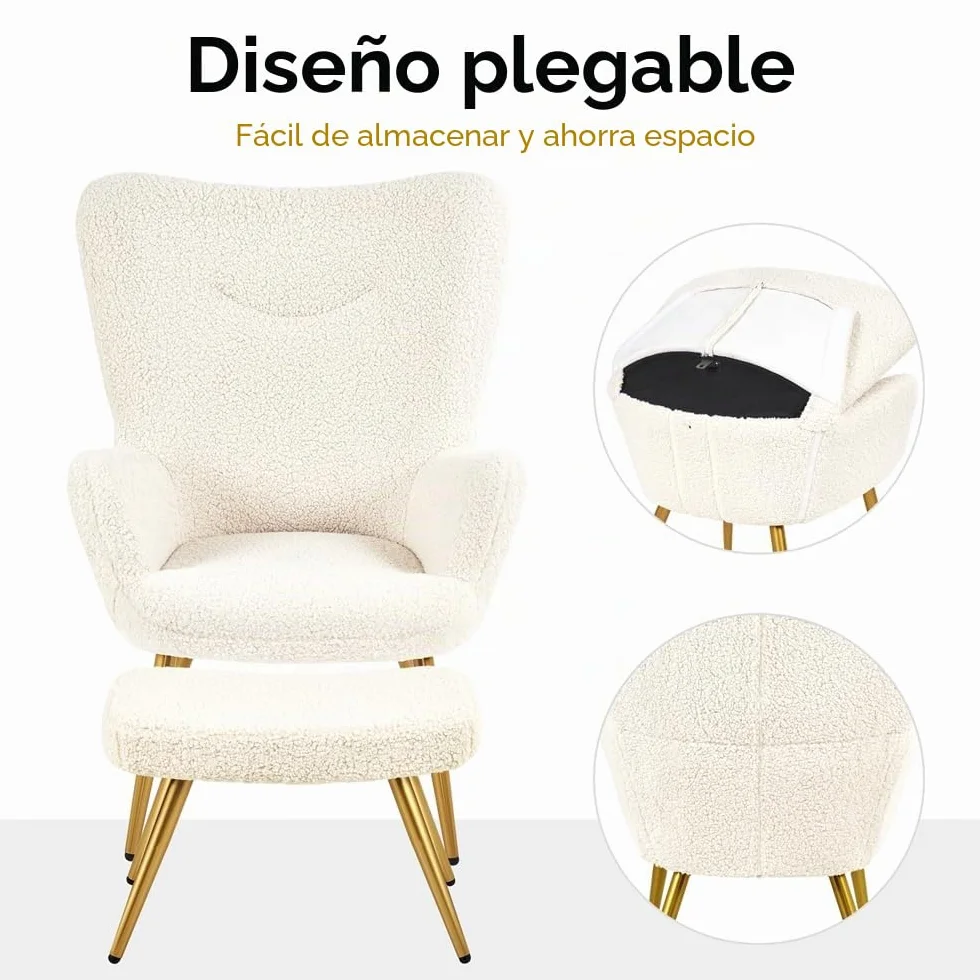 Yaheetech Sillón Orejero con Reposapiés Butaca de Salón Tapizada en Bouclé Sillón Lectura con Otomana de Respaldo Alto Ergonómico Soporte 136kg Ideal para Salón Dormitorio Oficina Marfil
