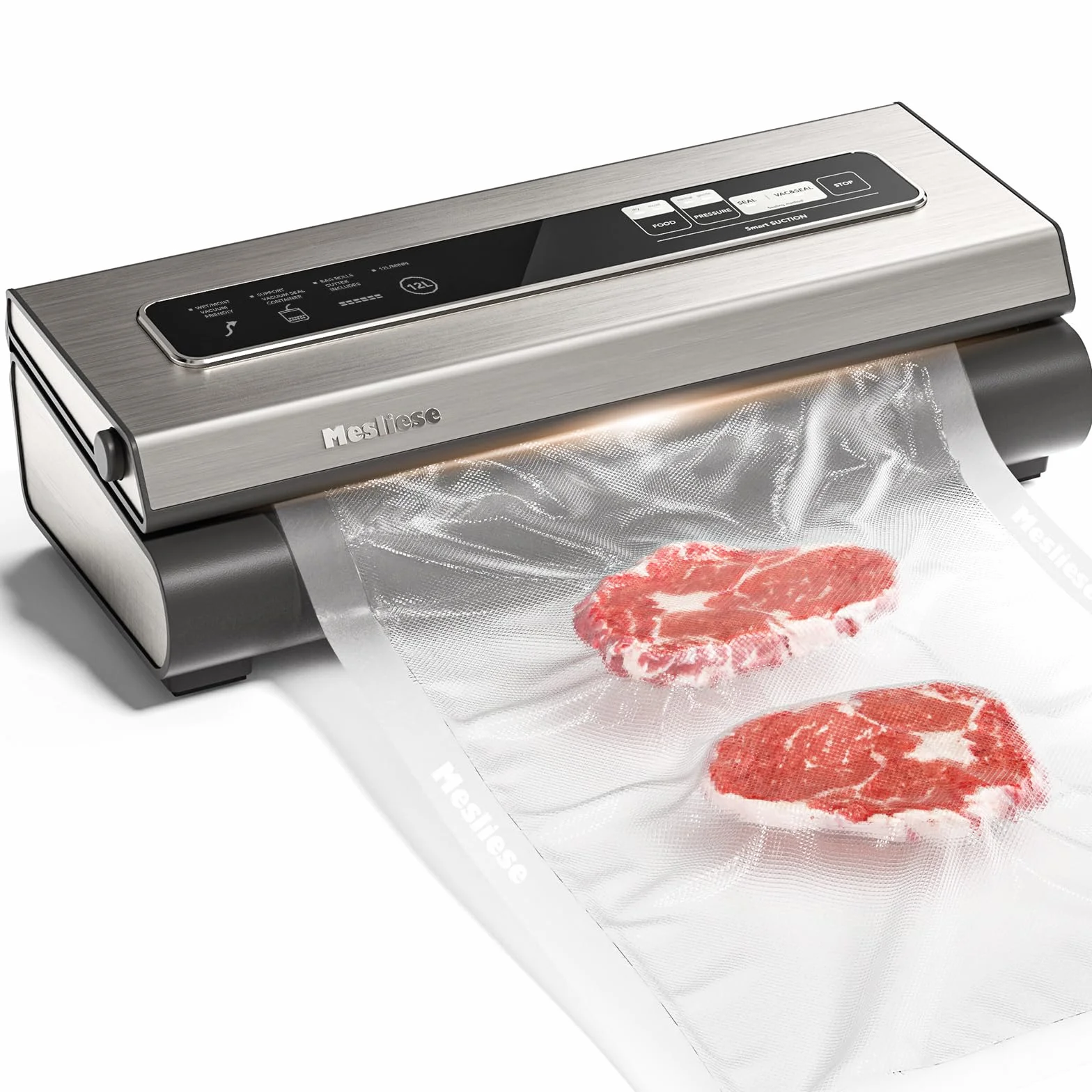 Máquina selladora al vacío Mesliese Potente sistema de conservación de alimentos compacto 6 en 1 de precisión de 90 kPa con cortador, 2 rollos de bolsas y 5 bolsas precortadas, modos seco y húmedo