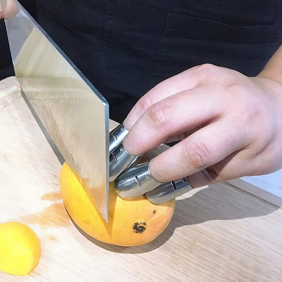 HERCHR 4Pcs Protección Anti-Corte para Manos, Protector de Dedos para Cortar Verduras, Herramienta de Cocina Acero Inoxidable