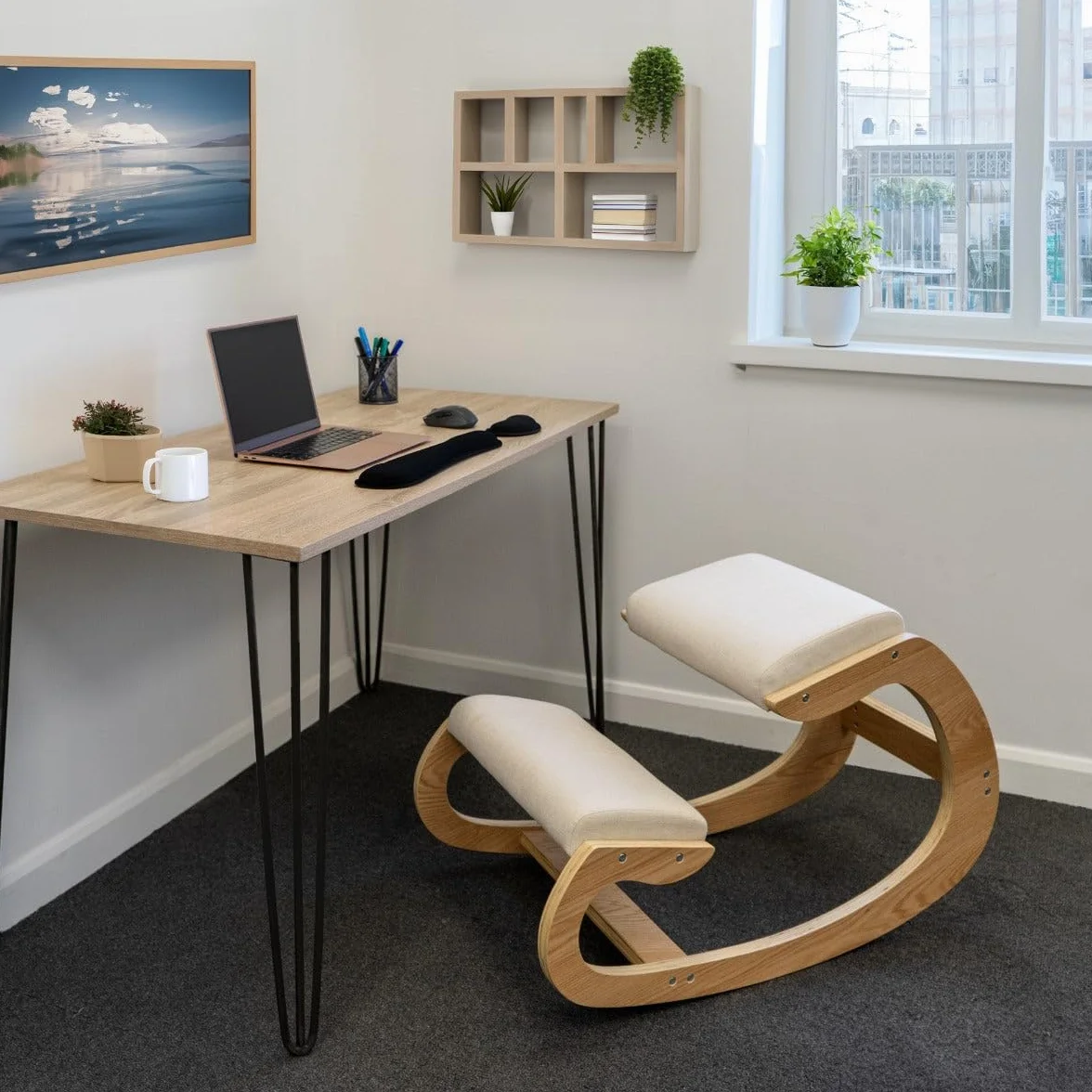 Silla ergonómica de madera de roble blanco de lino, cojín acolchado de 8 cm de grosor, para oficina, hogar, mecedora, postura ortopédica, soporte para la rodilla, soporta hasta 120 kg de capacidad,