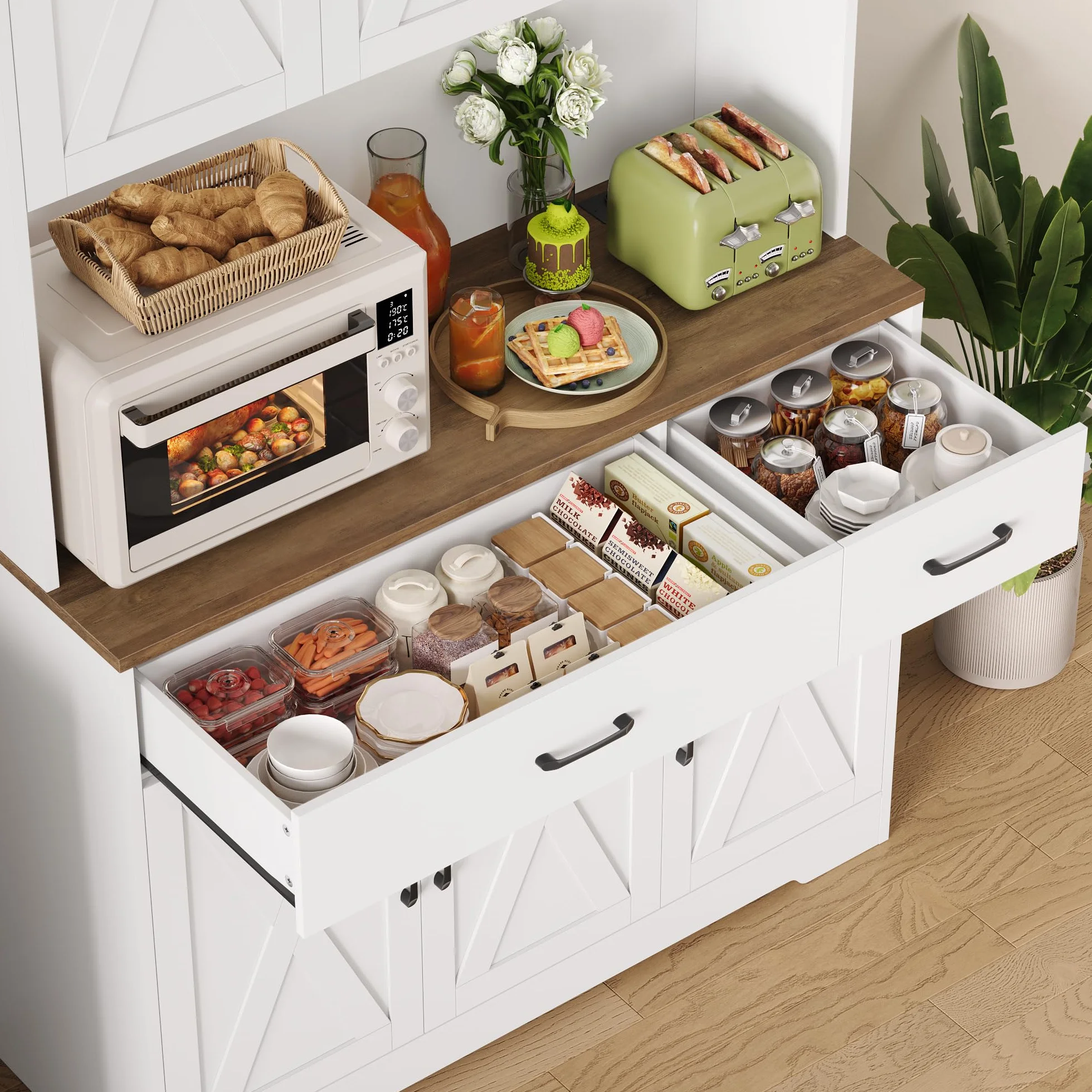 HOCSOK Alacena de Cocina 105x180 cm (BxH)，Armario Blanco con Enchufes, Estantes Ajustables, Mueble de Cocina con Soporte para Microondas, para Comedor Y Sala de Estar