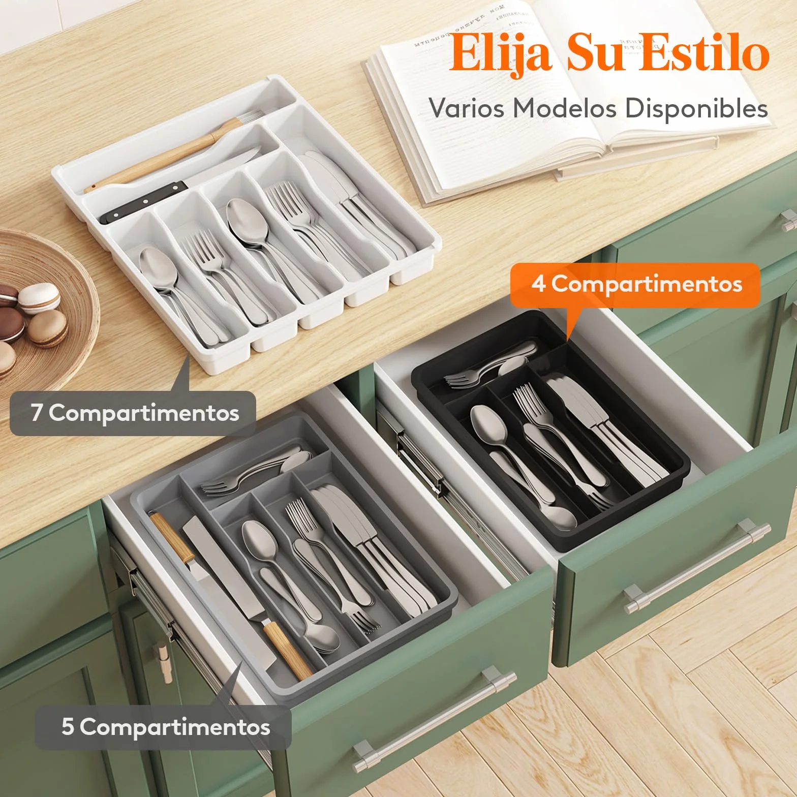 Lifewit Bandeja para Cubiertos 4 Compartimentos 19,8x31,5 cm Organizador Cajón Cocina Plástico Negro