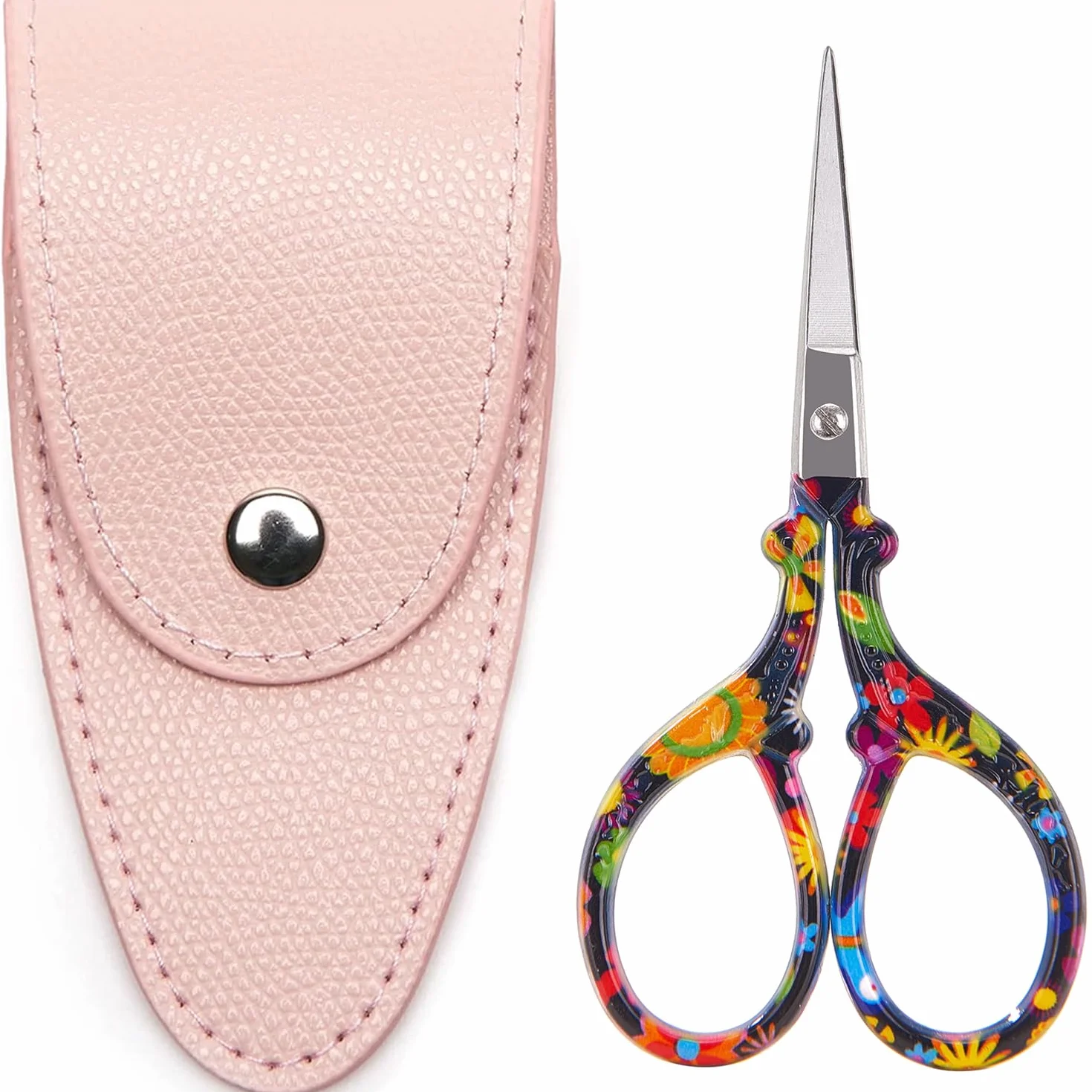 Tijeras de costura pequeñas de 9 cm, mini tijeras en una bolsa, multiusos con funda de cuero, flor negra