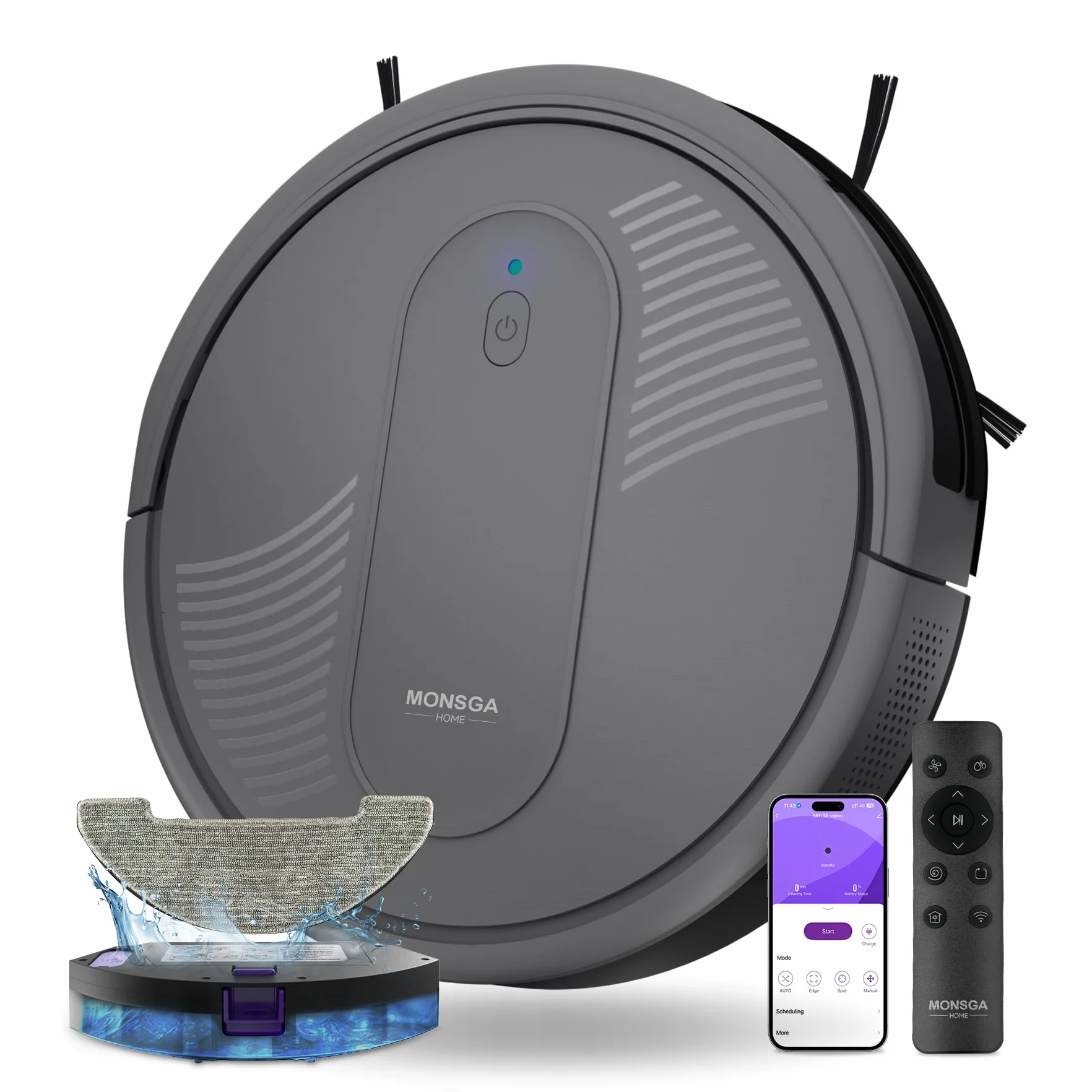 MONSGA Robot Aspirador,Robot Aspirador y Fregasuelos 4000Pa Presión de Succión, Autonomía 140 Minutos, Sensores Anticaídas y Cepillo Multifunción, TotalSurface, App Control (Gris Oscuro)