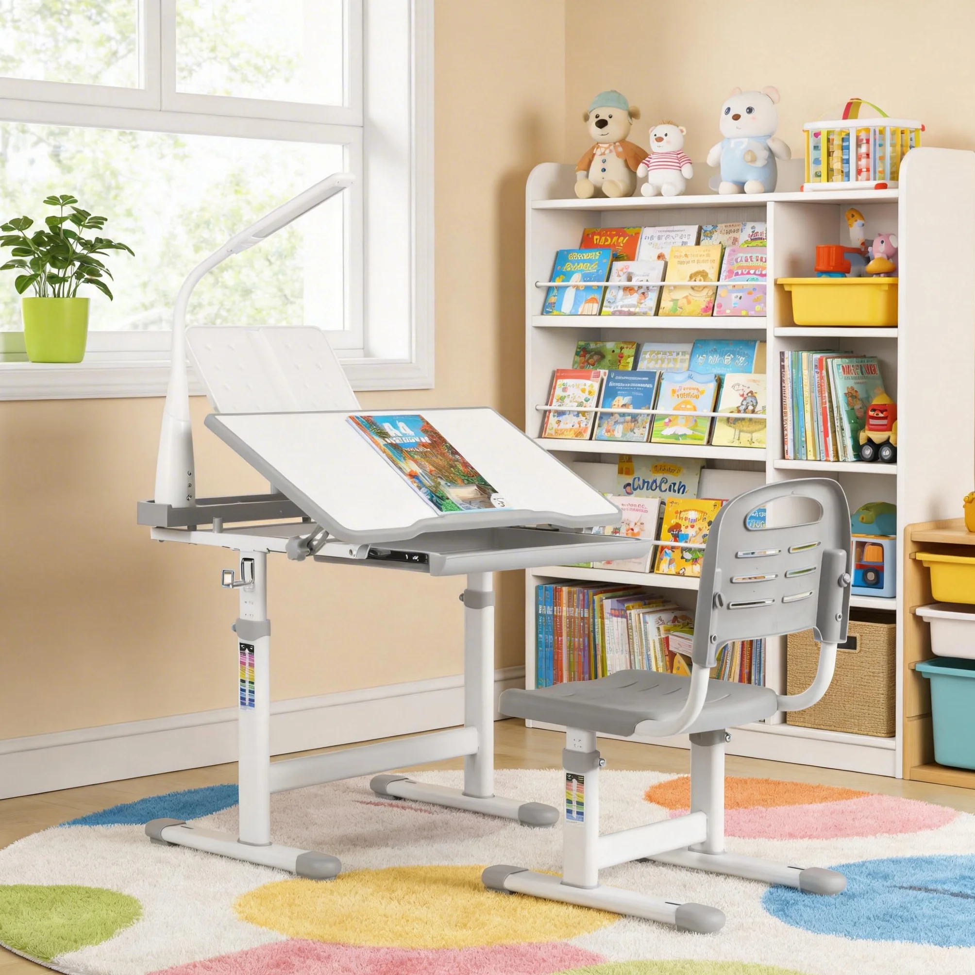 Set Escritorio y Silla para Niños, Altura Ajustable, Mesas Infantiles, Juego Juvenil Con Cajón y Soporte Lectura (Gris)