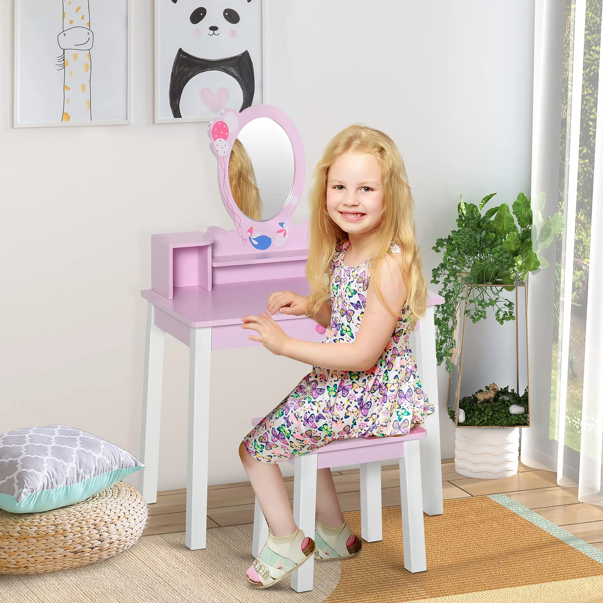 HOMCOM Tocador Infantil con Taburete y Espejo Tipo Princesa Mesa de Maquillaje Madera Rosa 60x34x93 cm