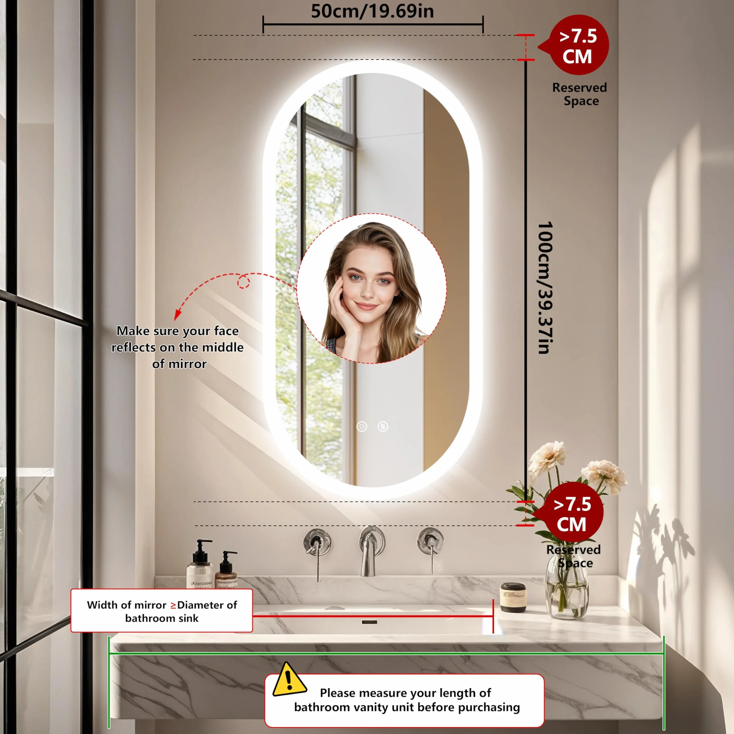 LUVODI Espejo Baño con Luz Led Ovalado 100 x 50 cm Espejos de Baño Antivaho con Luz Retroiluminado Regulable Espejo Moderno Inteligente con 2 Interruptor Tactil Función de Memoria y Impermeable IP66