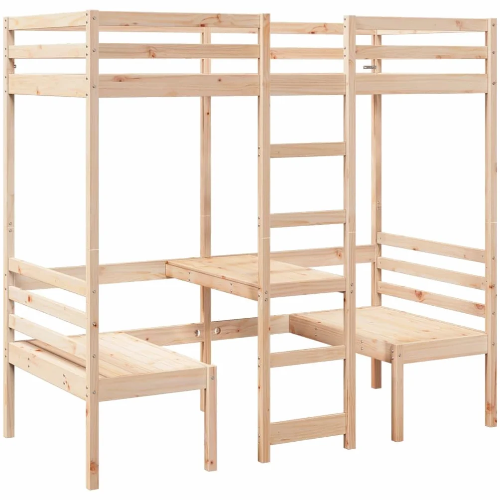 Cama alta 90 x 190 cm de madera maciza de pino con escritorio y 2 sillas, marco de cama para niños y jóvenes, muebles seguros para dormir