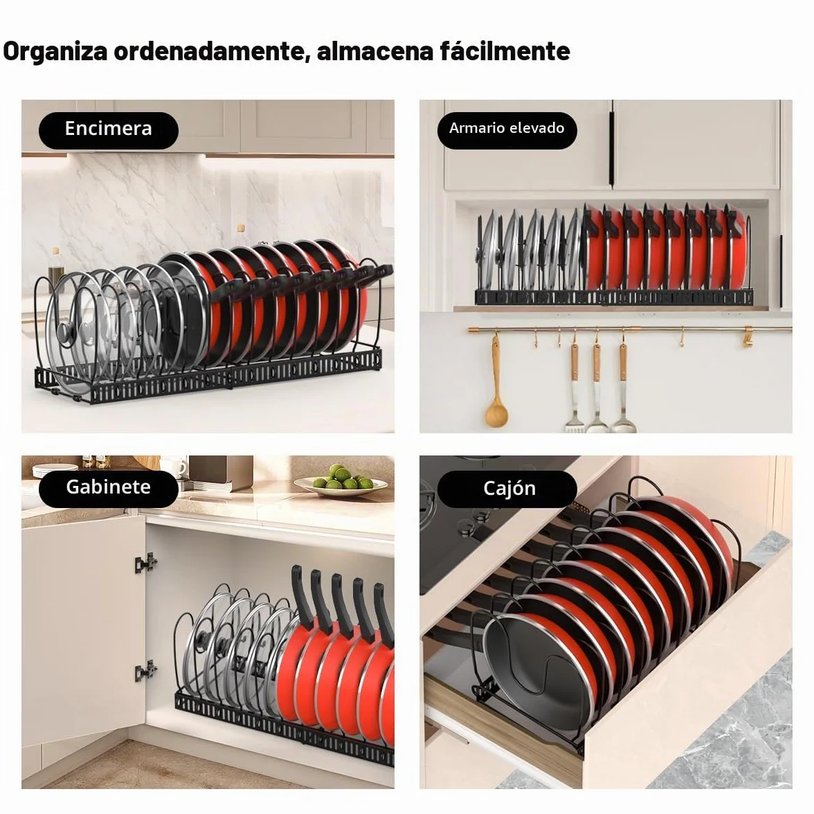 Organizador de Ollas y Sartenes Extensible con 14 Compartimentos Ajustable Soporte Tapas Negro