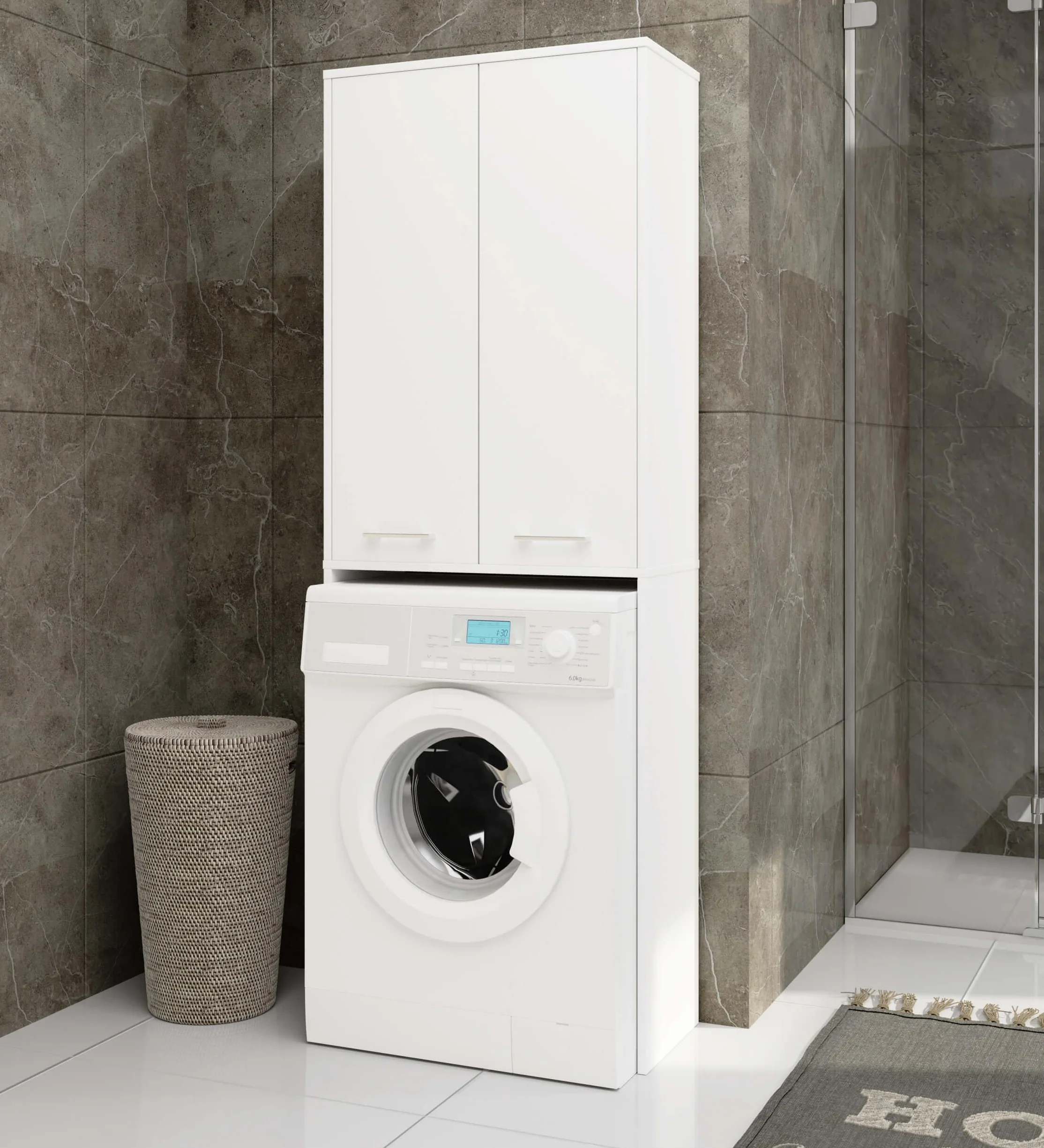 AKORD | Columna de Pared para empotrar Lavadora | Mueble Alto con 2 Puertas | Mueble contenedor de baño | CajoNero para Lavadora | 64x180x30 cm | Peso 30 kg | Blanco