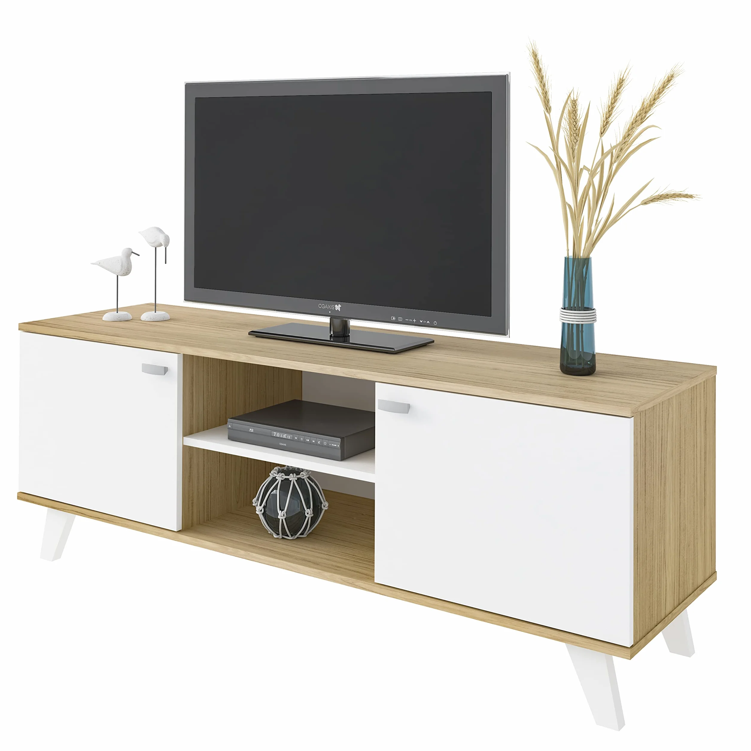 MOMMA HOME Mueble TV, Mueble de Salón Moderno, Mesa de televisión 2 Puertas y Baldas centrales, Acabado en Roble y Blanco, Patas de Madera, QUIATUR, 140 cm L x 51 cm A x 40 cm F.