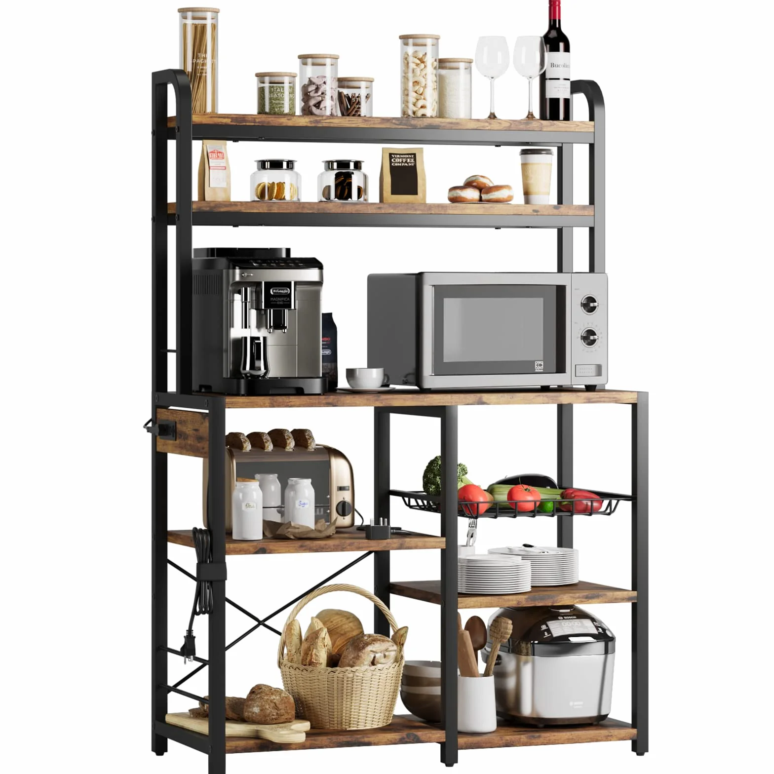 Garvee Estantería de Panadería con Toma Corriente,Muebles de Cocina,Estantes Abiertos y Cesta de Alambre,para Cocina y Comedor, 90 * 40 * 150 cm(Marrón)