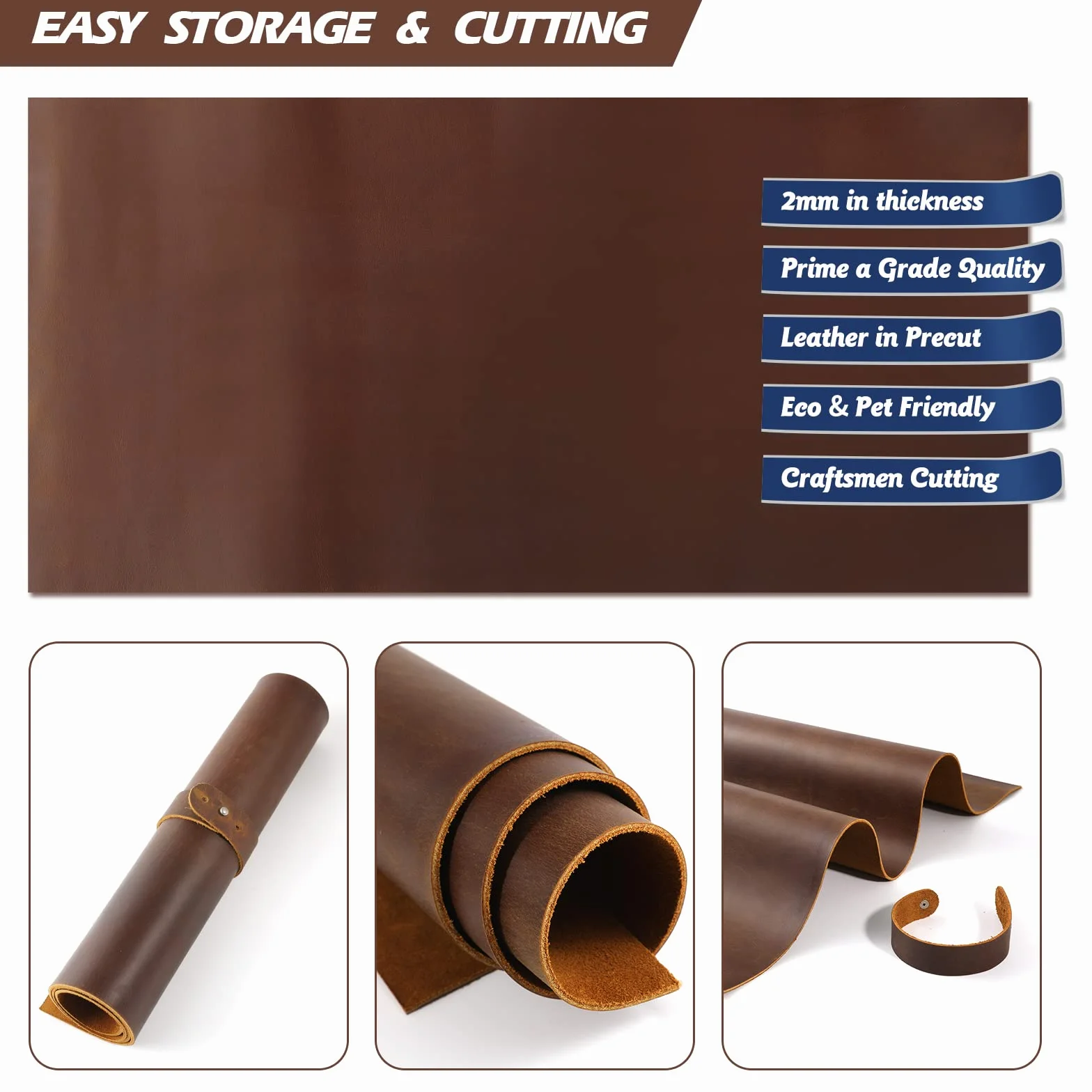 RingSun Hojas de cuero genuino de 12 x 24 pulgadas para manualidades, cuero de grano completo (2 mm) de grosor, piezas cuadradas de cuero vacuno marrón oscuro