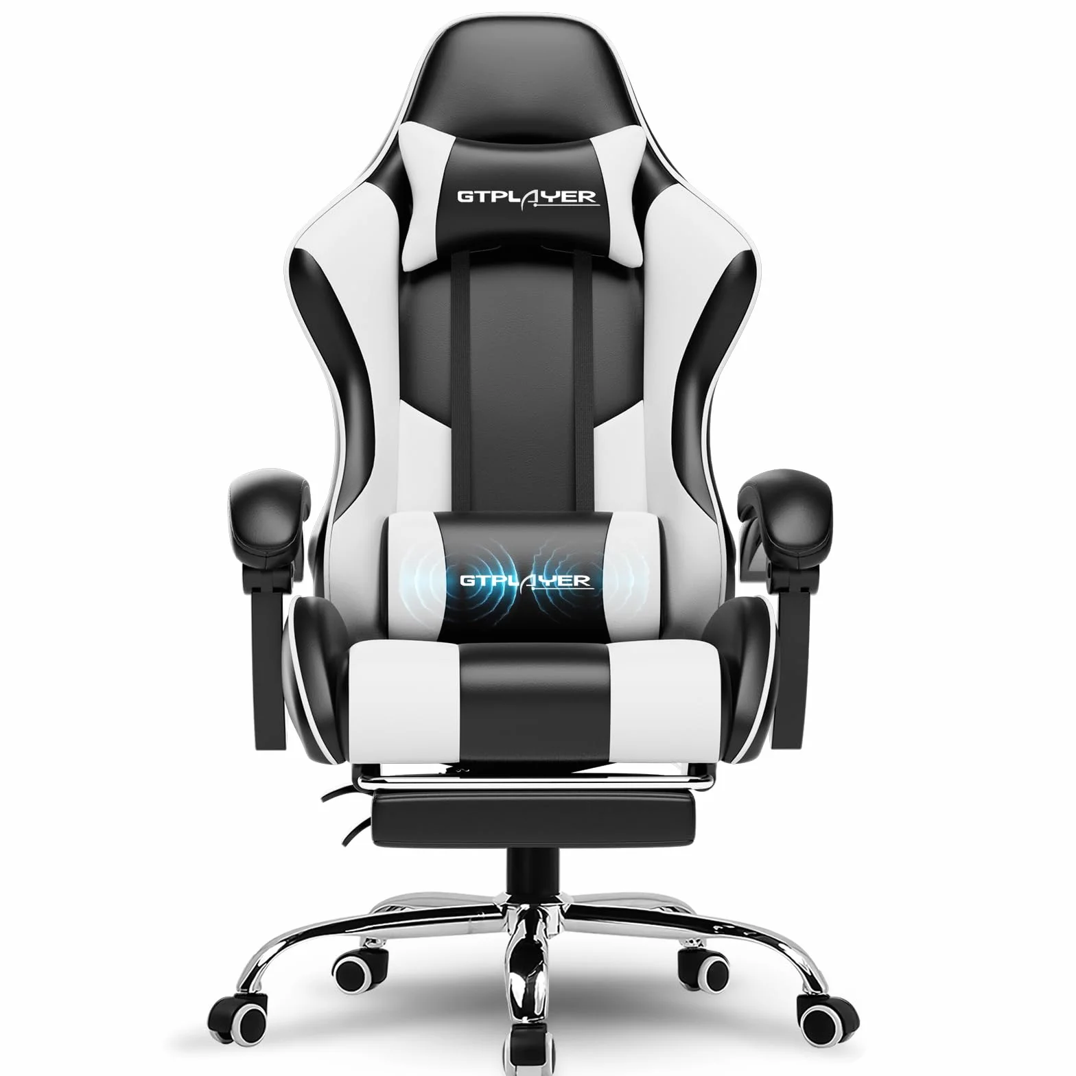 GTPLAYER Silla de Oficina para Gaming, Masaje, sillón, Silla ergonómica para Gamer, con reposapiés, reposacabezas, cojín Lumbar, Acolchado, Silla giratoria, Color Blanco