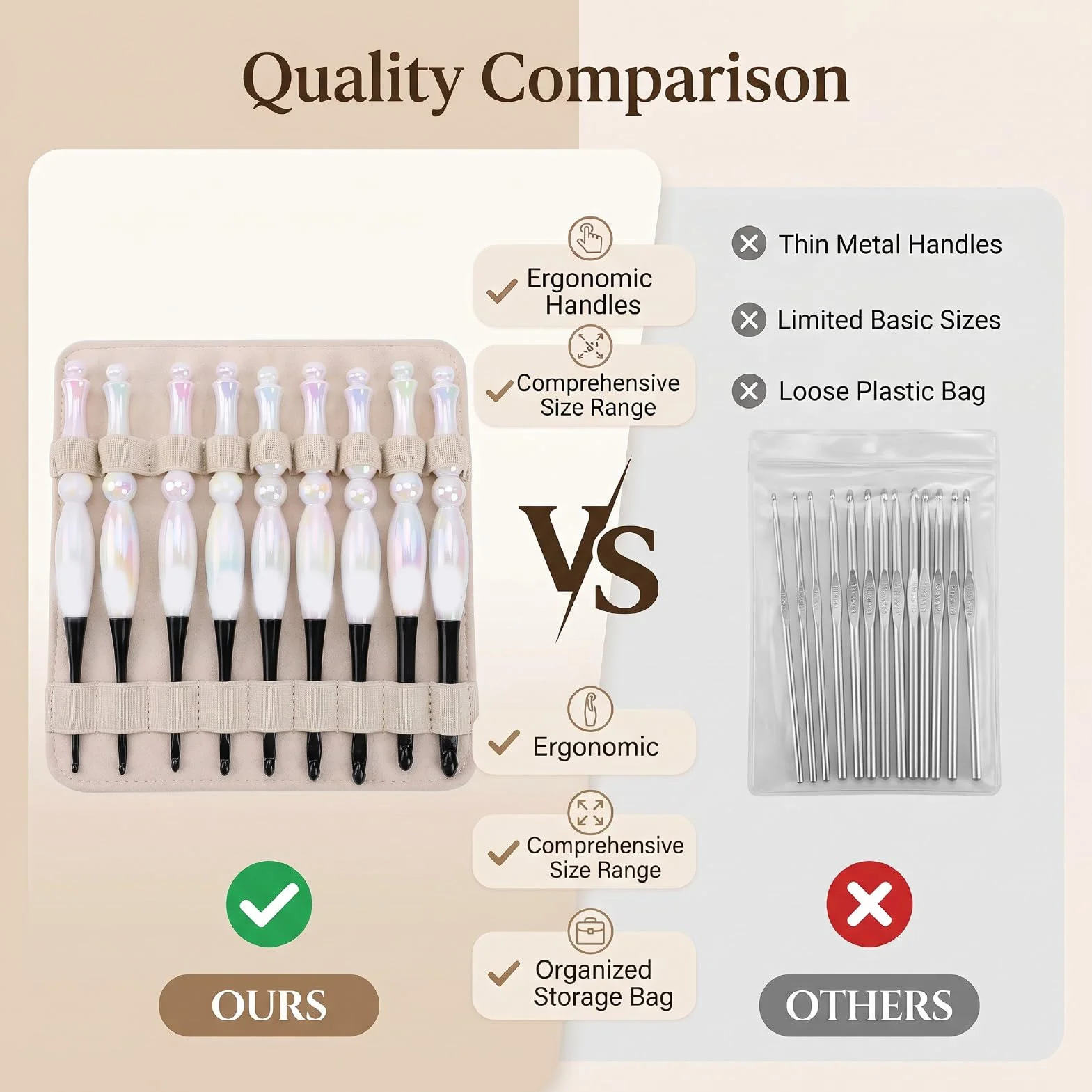 Zhjvihx Juego de 10 Agujas de Ganchillo, Ergonómico con Bolsa de Almacenamiento Beige, Ganchos Extra Largos para Tejer Decoración del Hogar, Kit Completo de Ganchillo para Principiantes