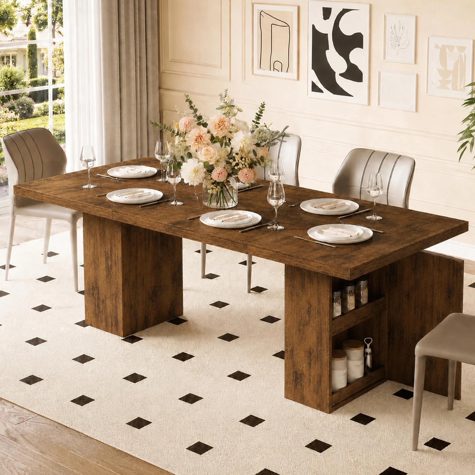 Mesa de Comedor de Madera para 4-12 Personas, Mesa Rectangular para Cocina y Comedor con Armarios de Almacenamiento Integrados, Mesa Moderna Efecto Roble para Salón, Oficina y Apartamento