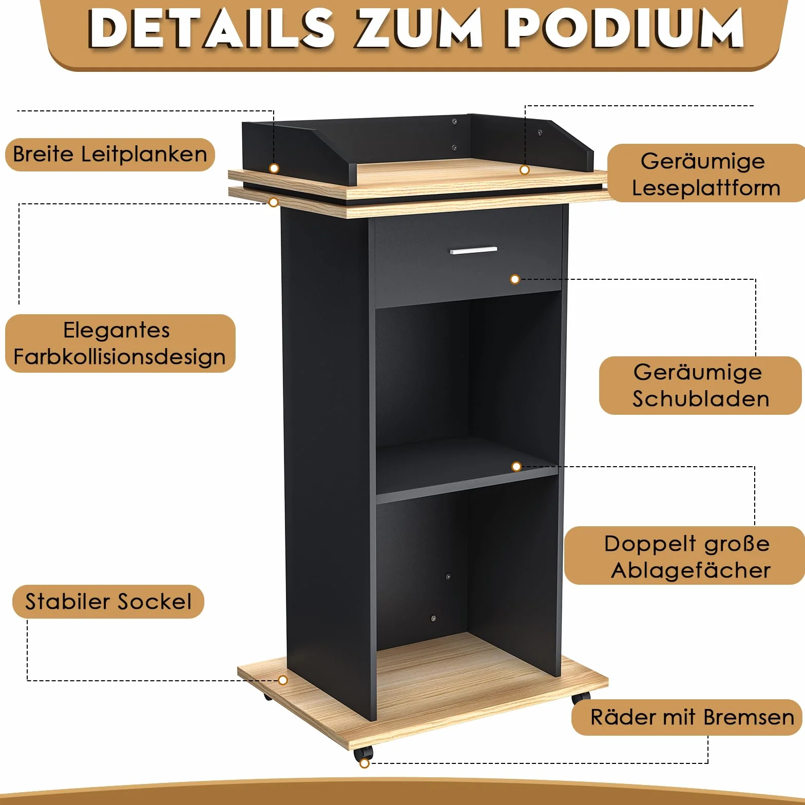 Púlpito de madera con cajón extensible y ruedas, atril de madera maciza de alta calidad con compartimento de almacenamiento de doble capa, atril para iglesia, discurso, escuela, seminario (110 x 46 x