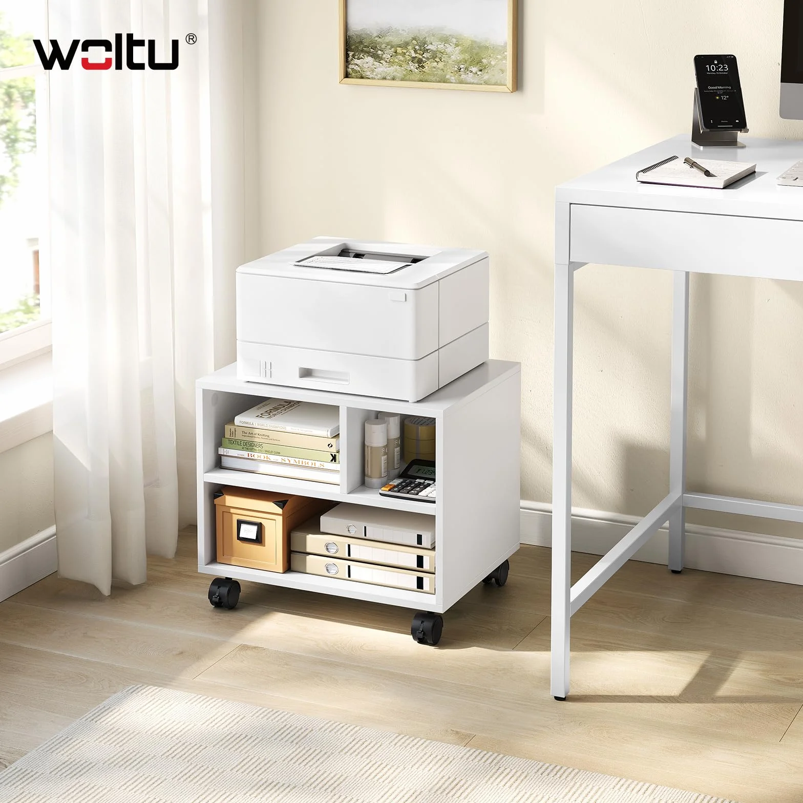 WOLTU Mesa para Impresora con Ruedas, Soporte de Impresora, Estantería Móvil, 3 Compartimentos, 40x30x35 cm, Blanco