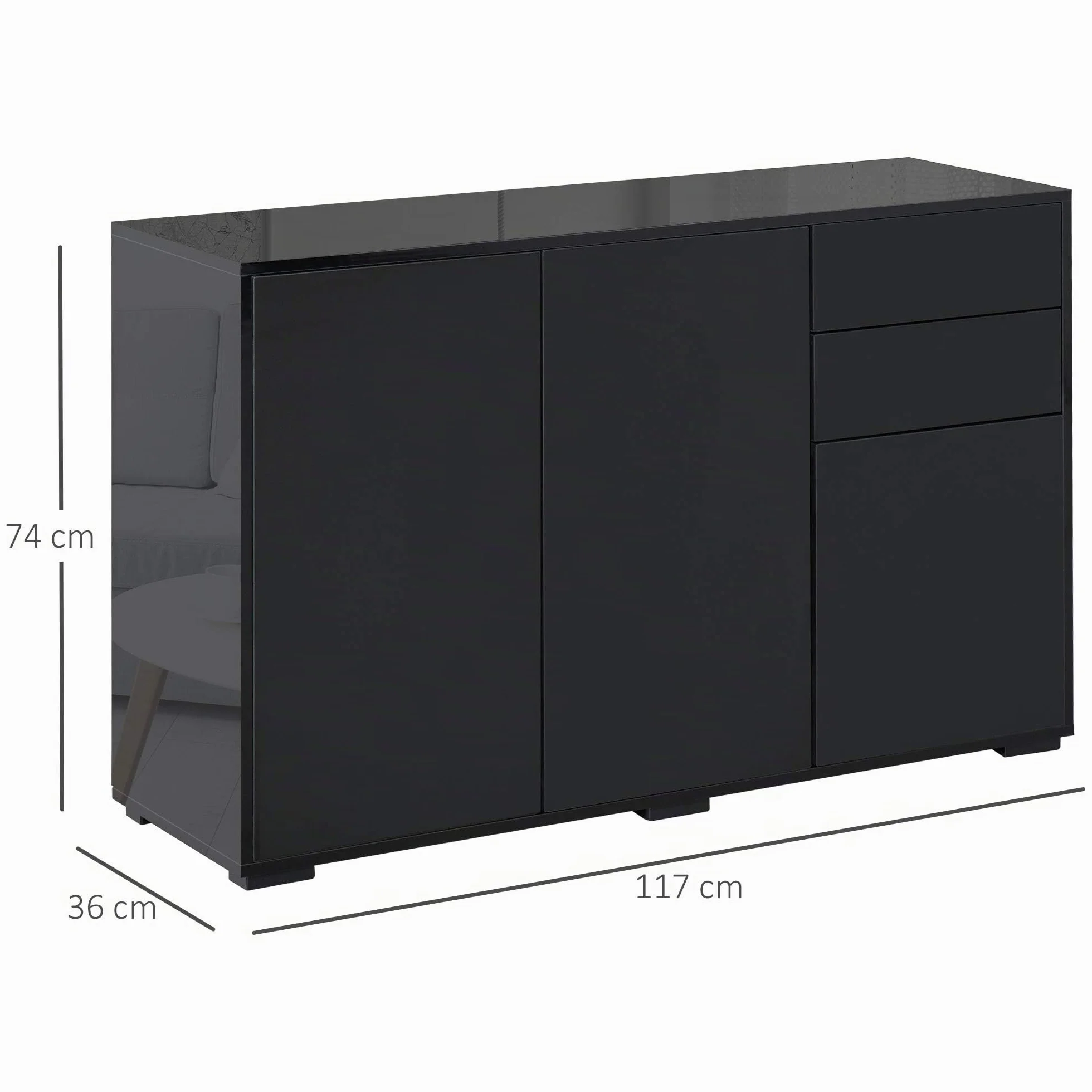 HOMCOM Aparador para Salón Aparador de Entrada con 3 Puertas 2 Cajones y Estante Ajustable Armario de Almacenamiento para Cocina Sala 117x36x74 cm Negro
