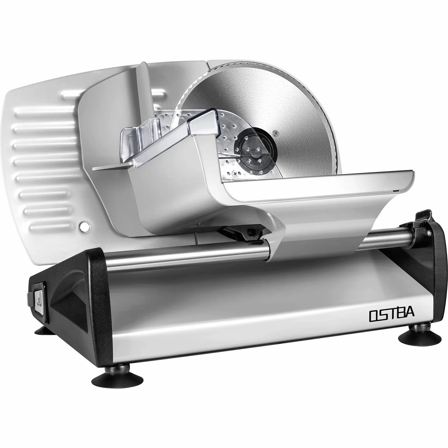 OSTBA - Cortafiambres Eléctrico OSTBA, Maquina de Cortar Fiambre, 150W, Cuchillas de Acero Inoxidable, Sistema Protector de Manos, Sistema Extrafino de Corte para Embutido