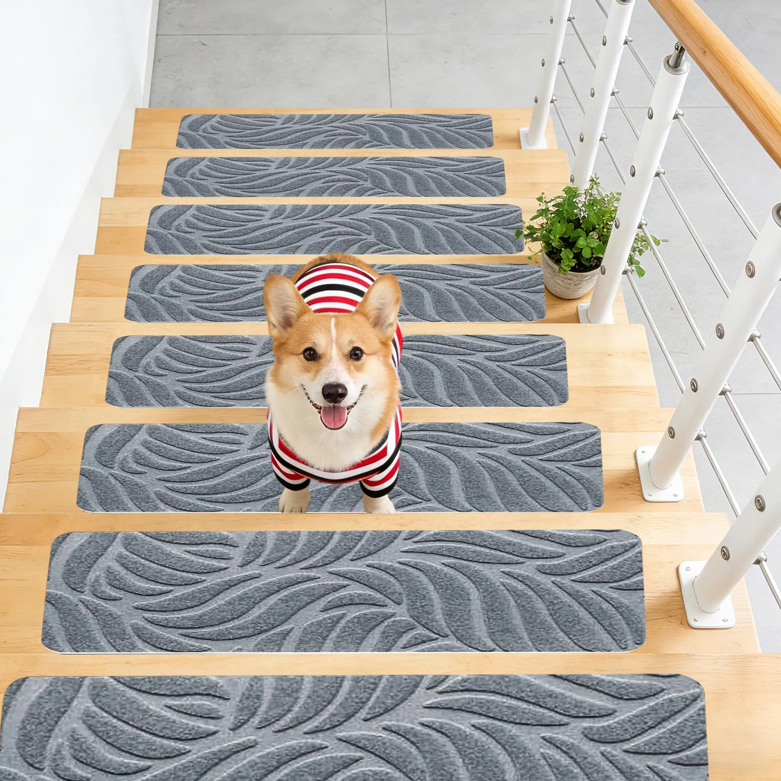 15 alfombrillas para escalones, 76 cm x 20 cm, autoadhesivas, para peldaños de madera, 100% poliéster TPE, para niños, ancianos y mascotas (gris claro)