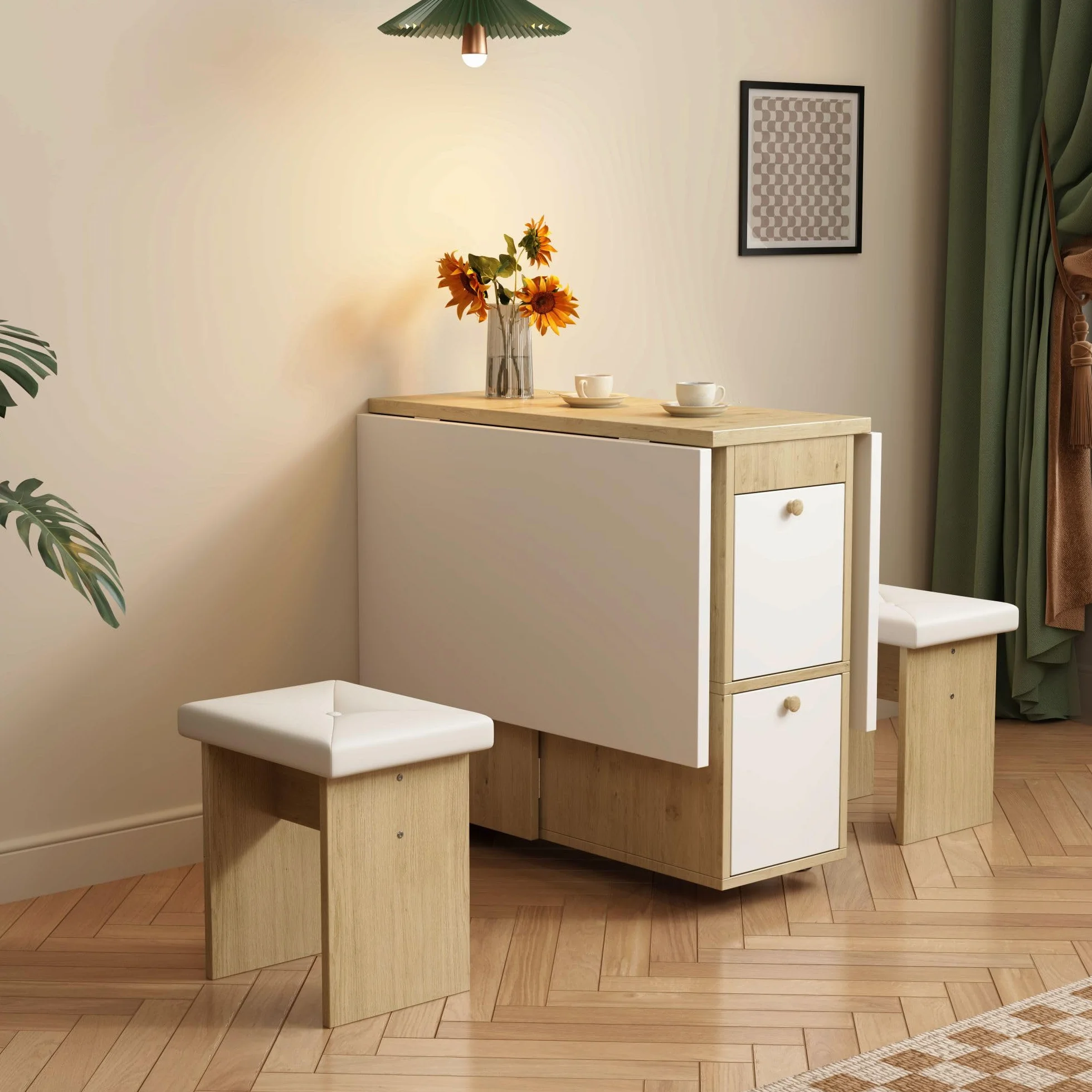 Juego de Comedor Mesa y 4 Sillas, Mesa de Comedor Plegable con Sillas, 120x80x75 cm Juego de Mesa de Comedor Rectangular Extensible con 4 Sillas Cocina, con Función de Almacenamiento (Blanco)