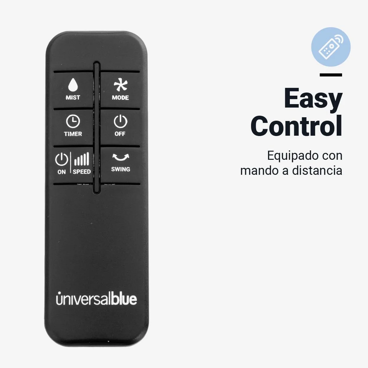 UNIVERSALBLUE Ventilador Humidificador Potente | Ventilador Nebulizador de Agua | Con Ruedas | Mando a Distancia | 3 Velocidades | Silencioso | Temporizador 12h | 5 Aspas | Blanco y Negro