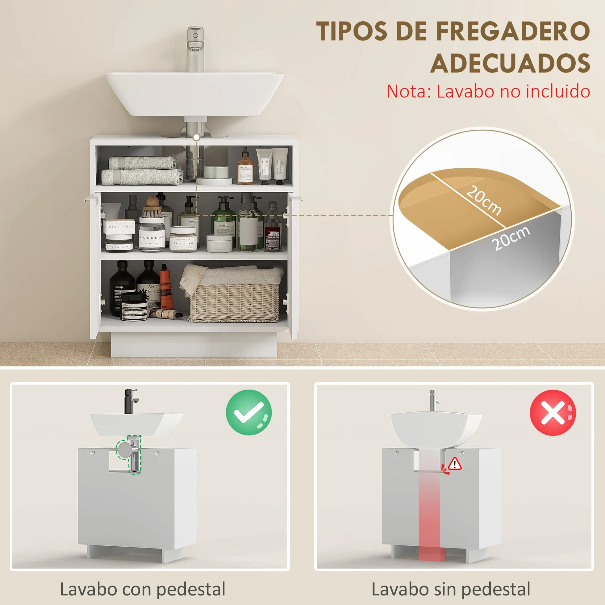HOMCOM Mueble bajo Lavabo con 2 Puertas Acanaladas 60x33x63 cm Blanco | Mueble de Baño, Compartimento Abierto, Armario de Baño para Lavabo sin Pedestal, Estilo Moderno